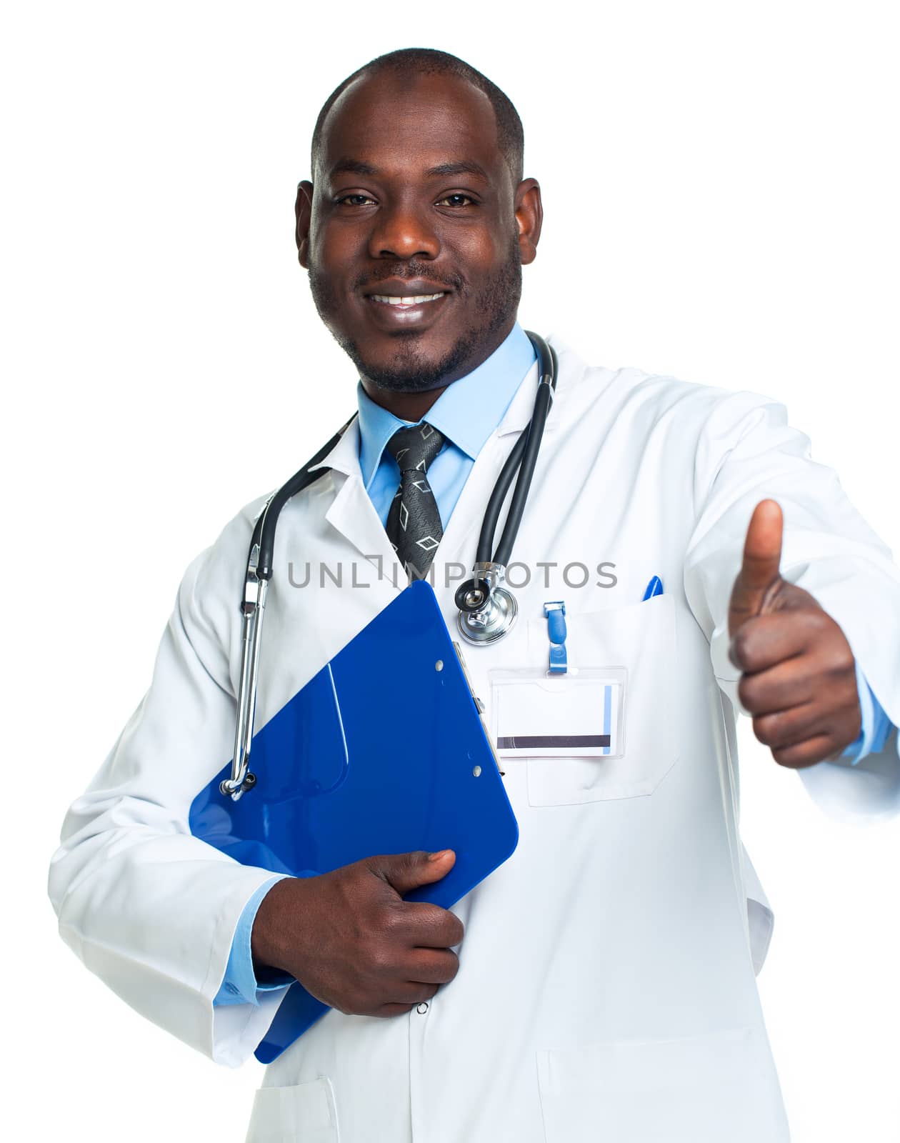 Portrait of a smiling male doctor holding a notepad and finger u by vlad_star