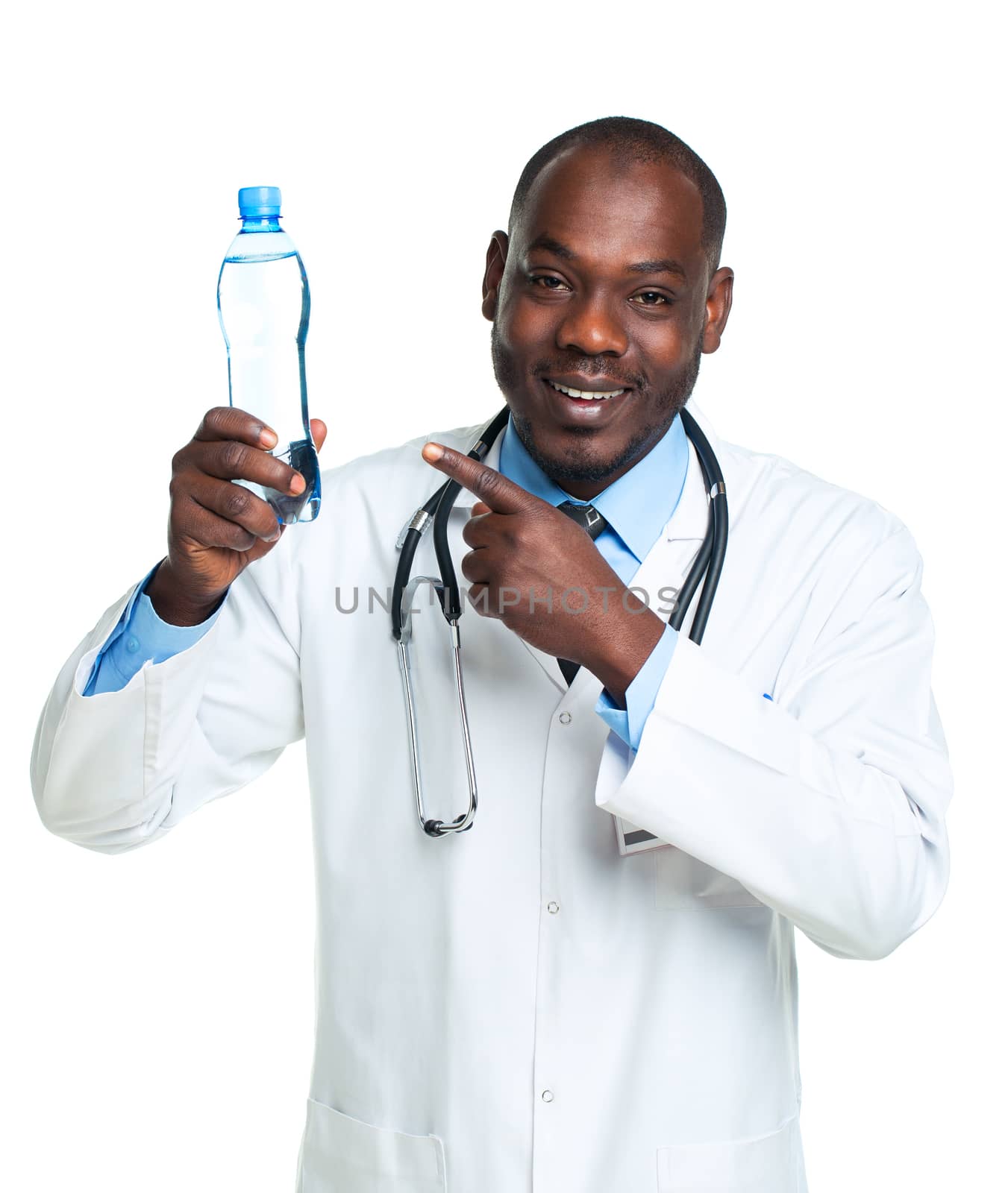 Portrait of a smiling male doctor holding bottle of water on white background