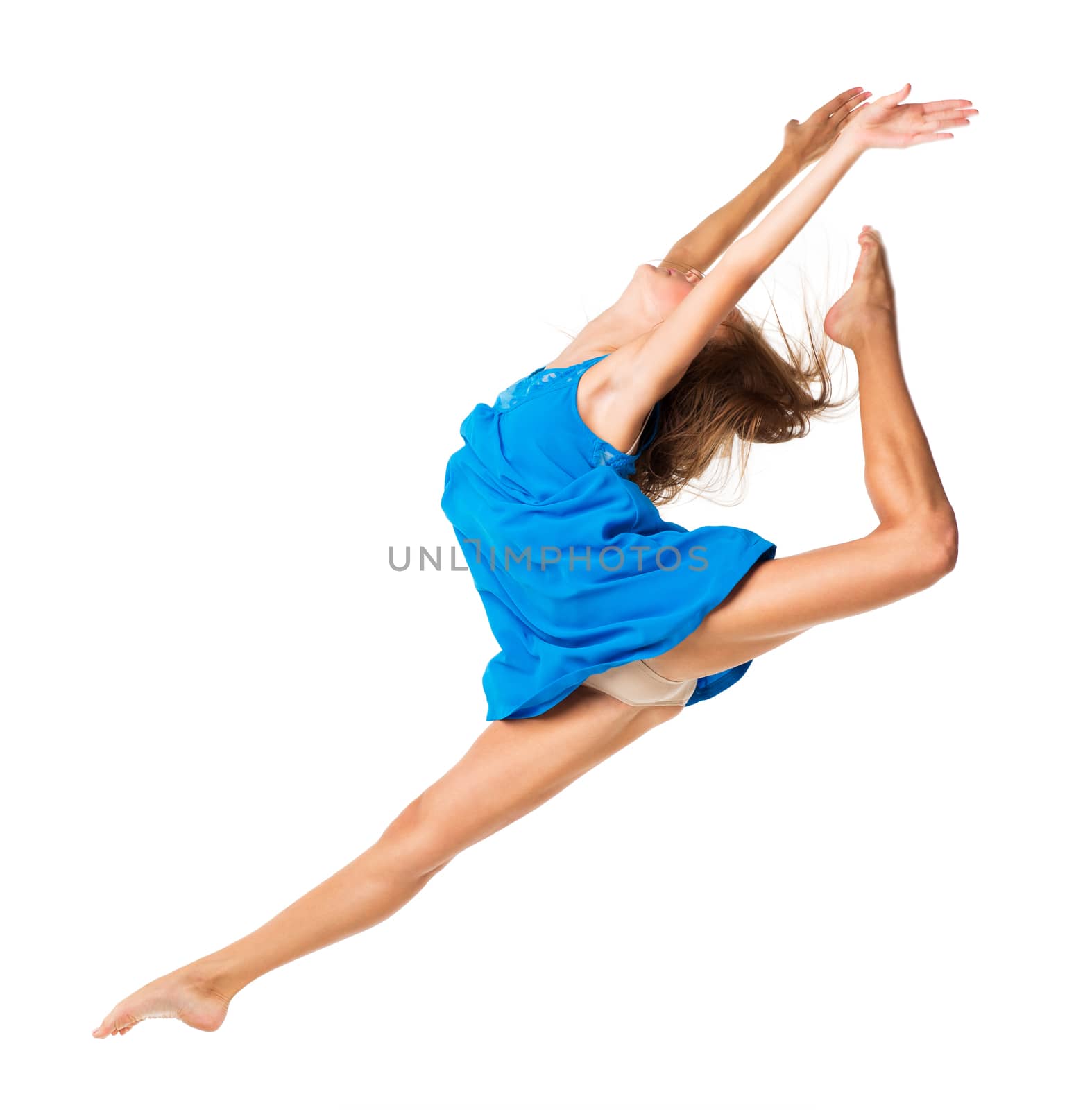 Young girl dancing in a blue dress on a white background