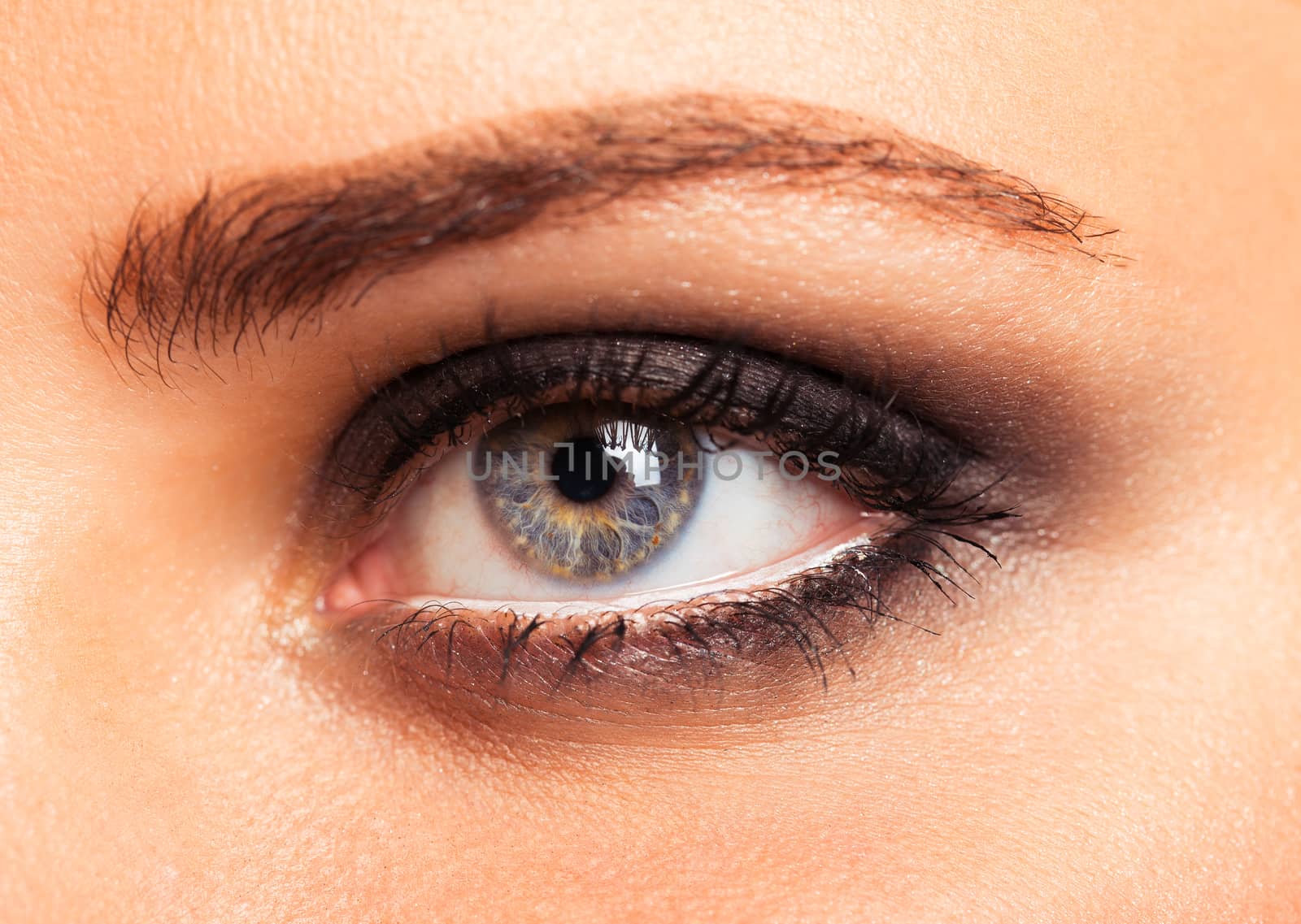 Closeup of grey beautiful womanish eye with glamorous makeup