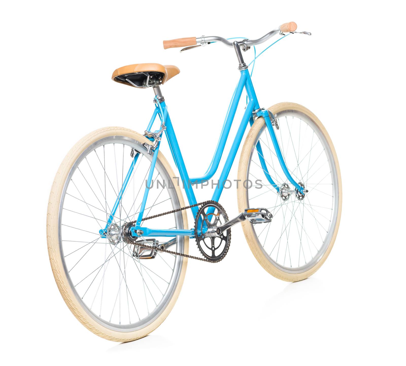 Stylish womens blue bicycle isolated on white background