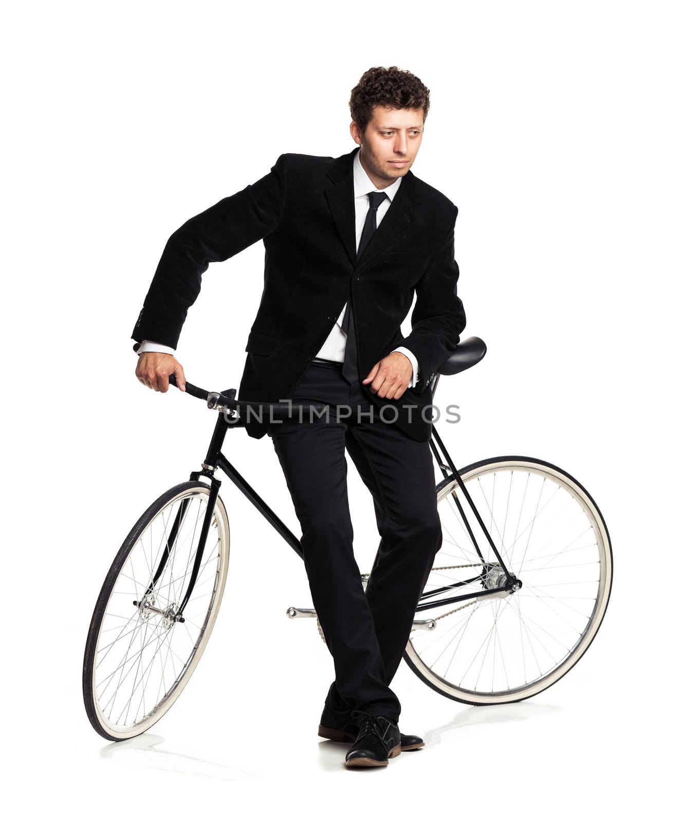 Attractive man in a classic suit with a bicycle on a white by vlad_star