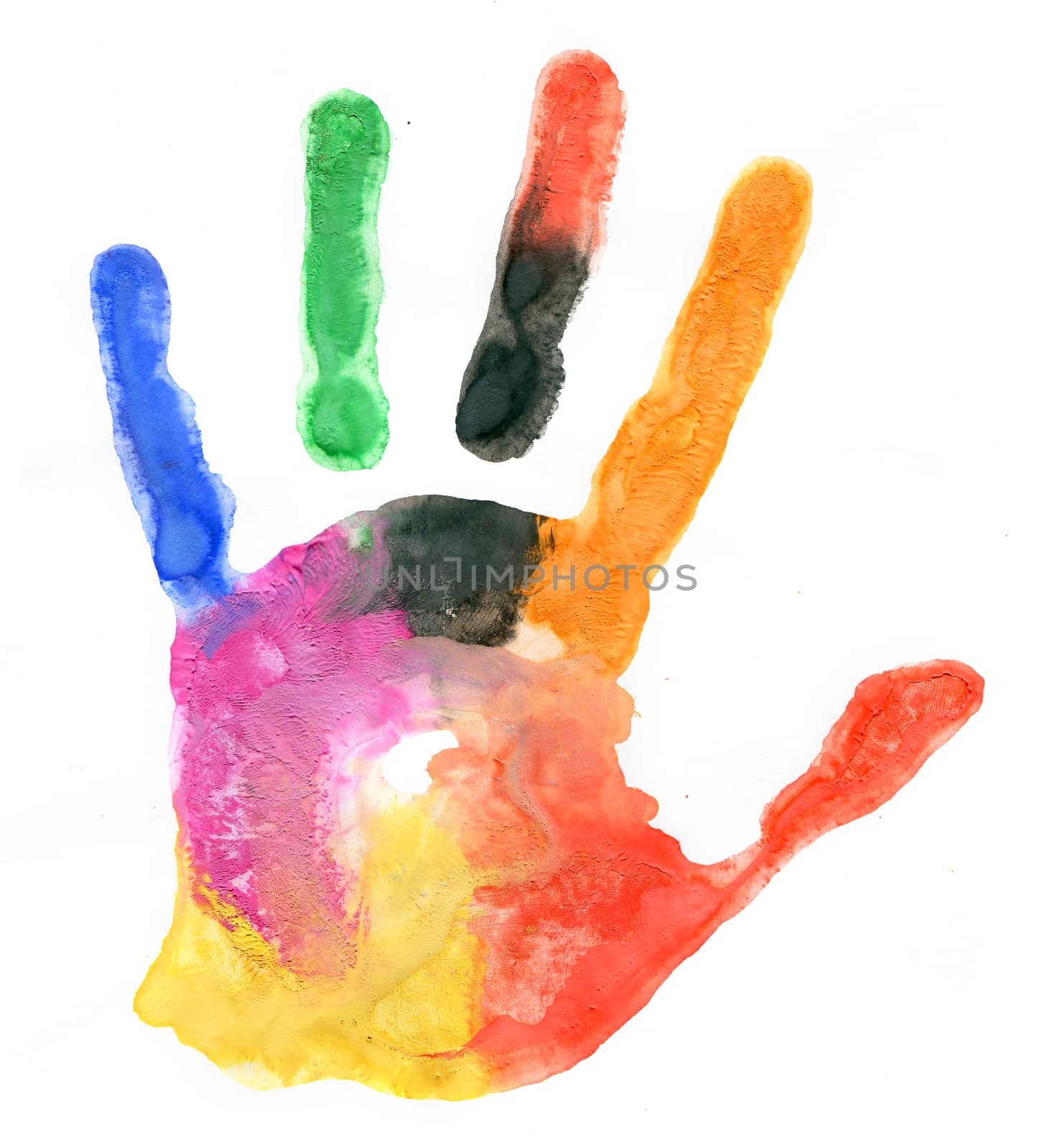 Close up of colored hand print on white background