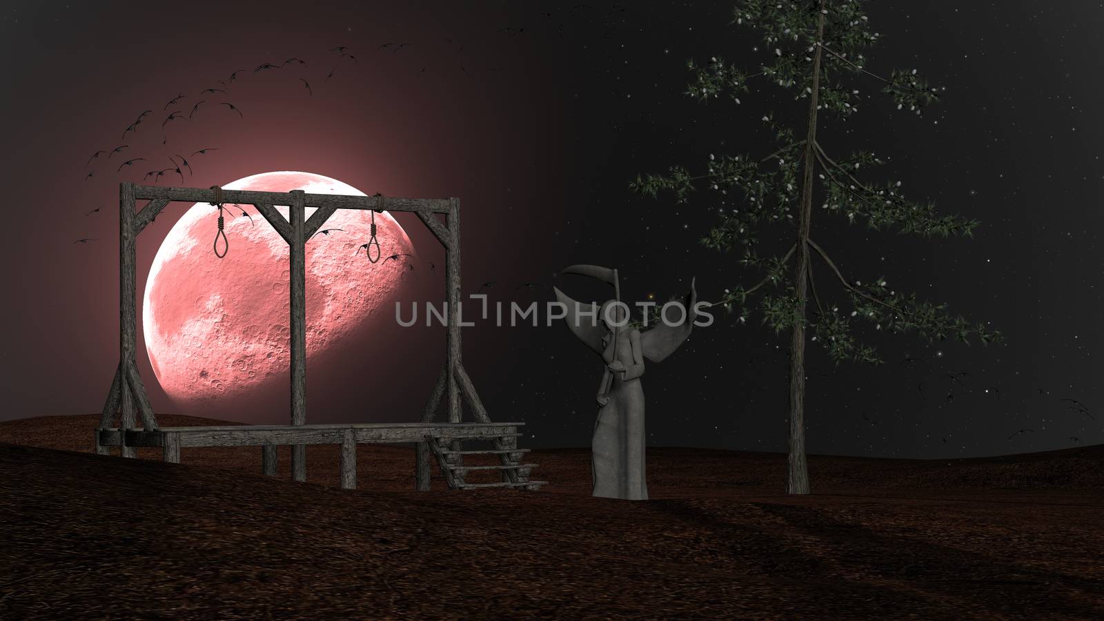 Angel of Death - Spooky background with gallows and crows at night with red moon