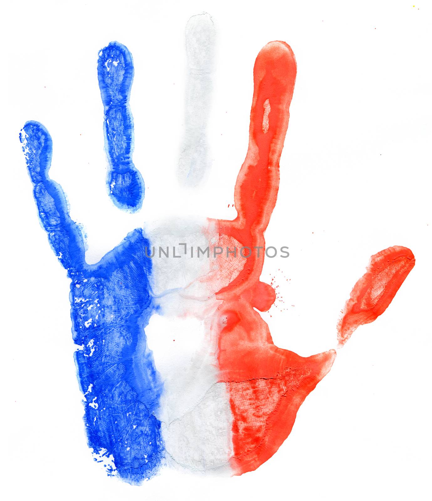 Handprint of a France flag on a white background