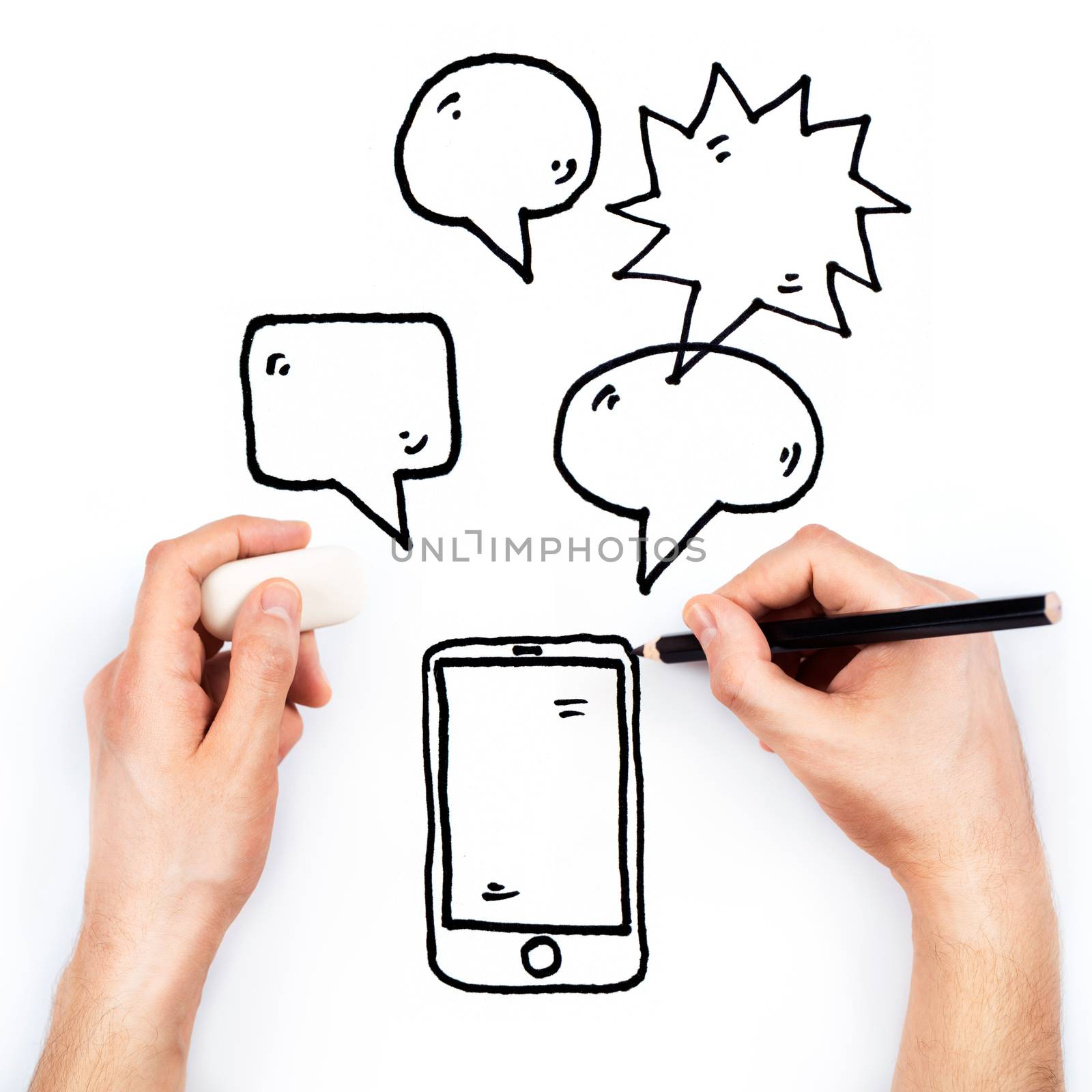 Man's hand draws phone and messages on white background