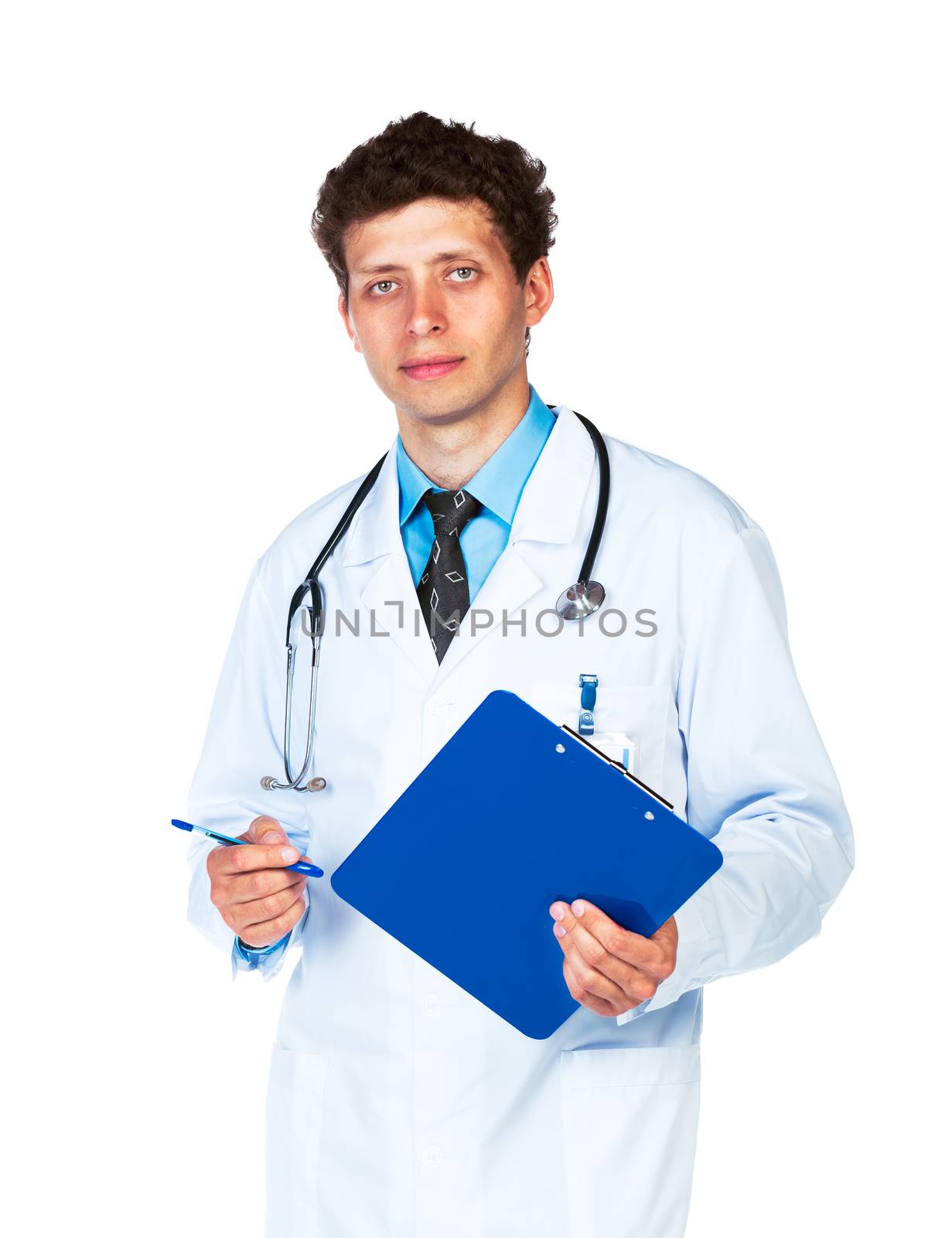 Portrait of young male doctor writing on a patient's medical chart on white background