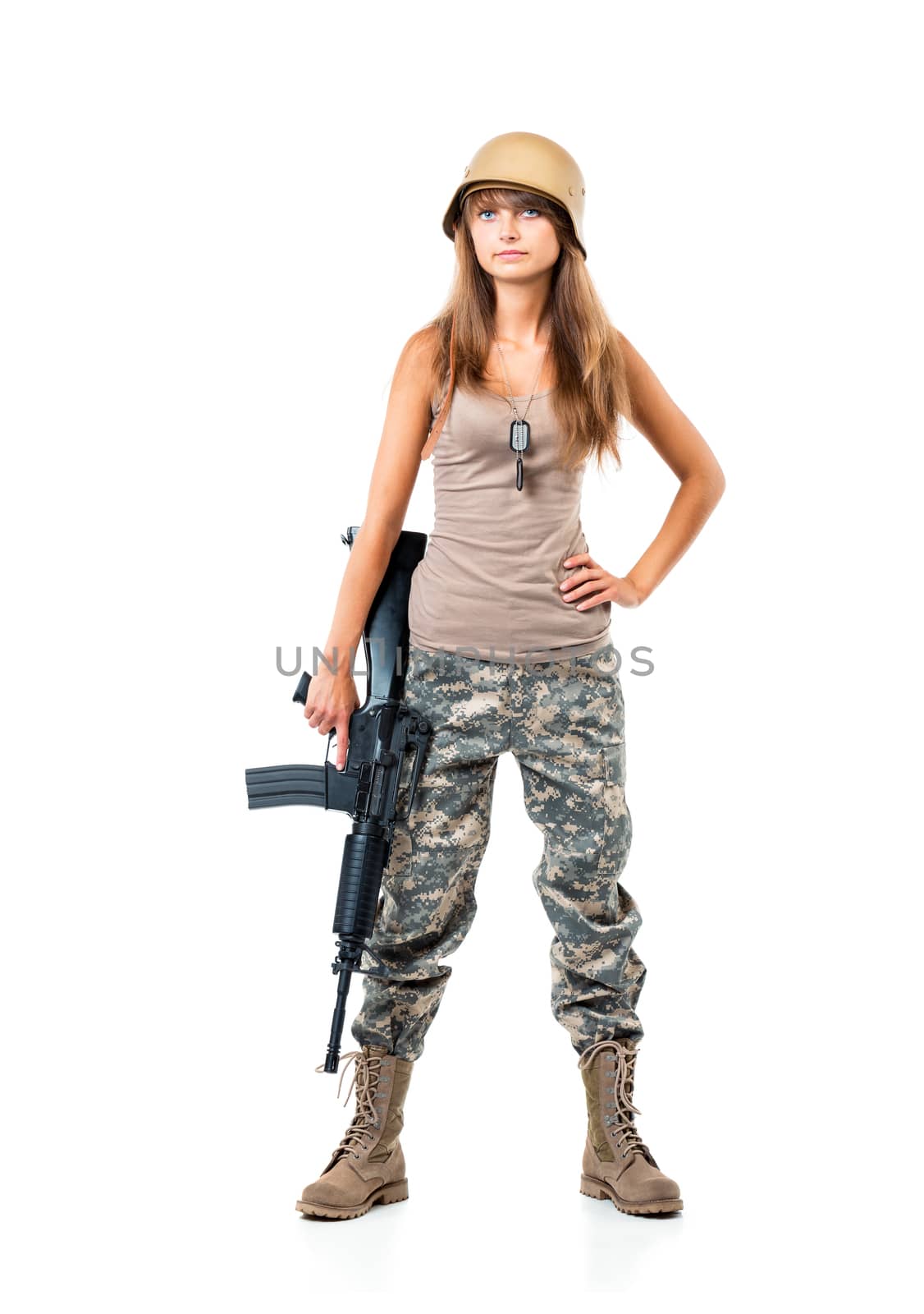 Soldier young beautiful girl dressed in a camouflage with a gun in his hand on white background