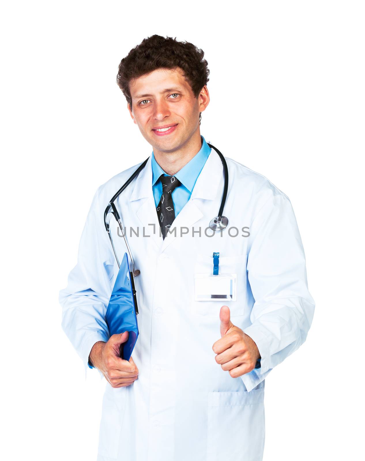 Portrait of a smiling male doctor holding a notepad and finger up on white background