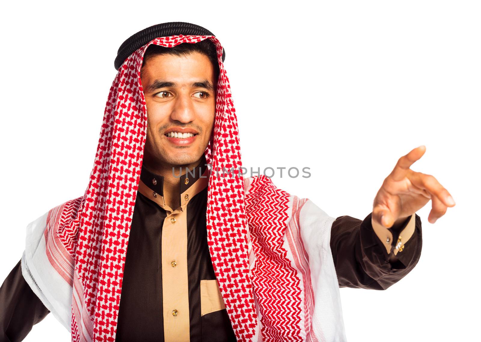 Arab man pressing virtual button on white background