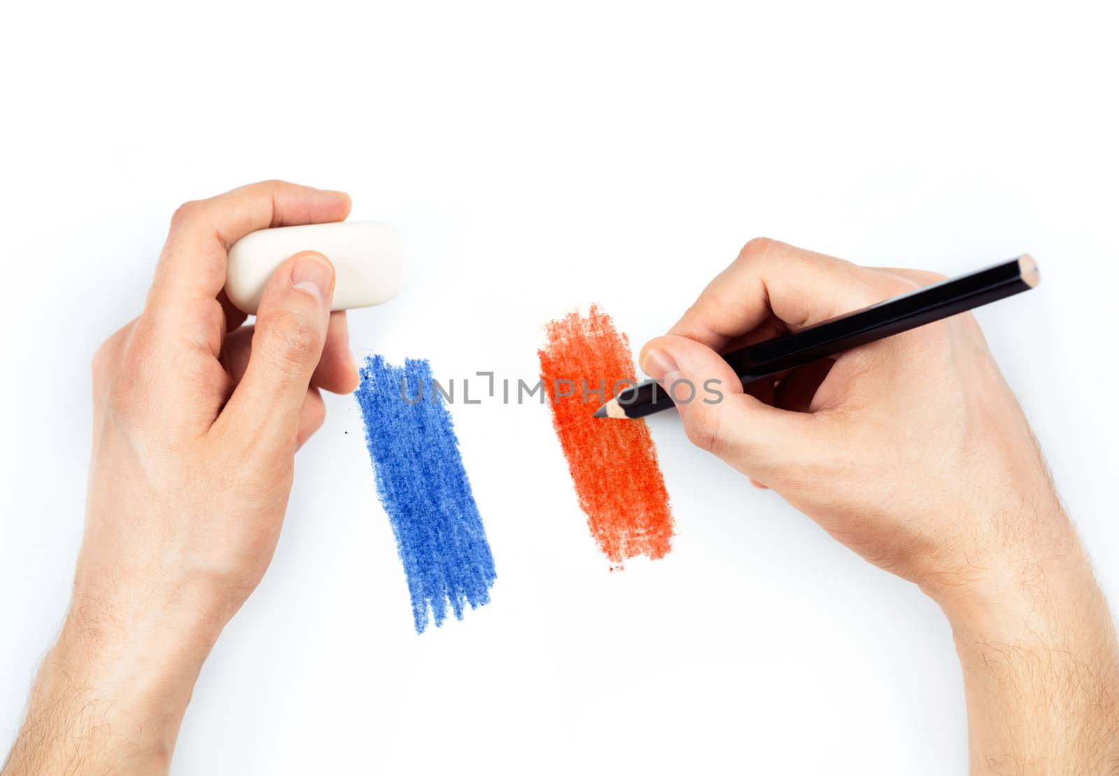 Man's hands with pencil draws flag of France on white by vlad_star