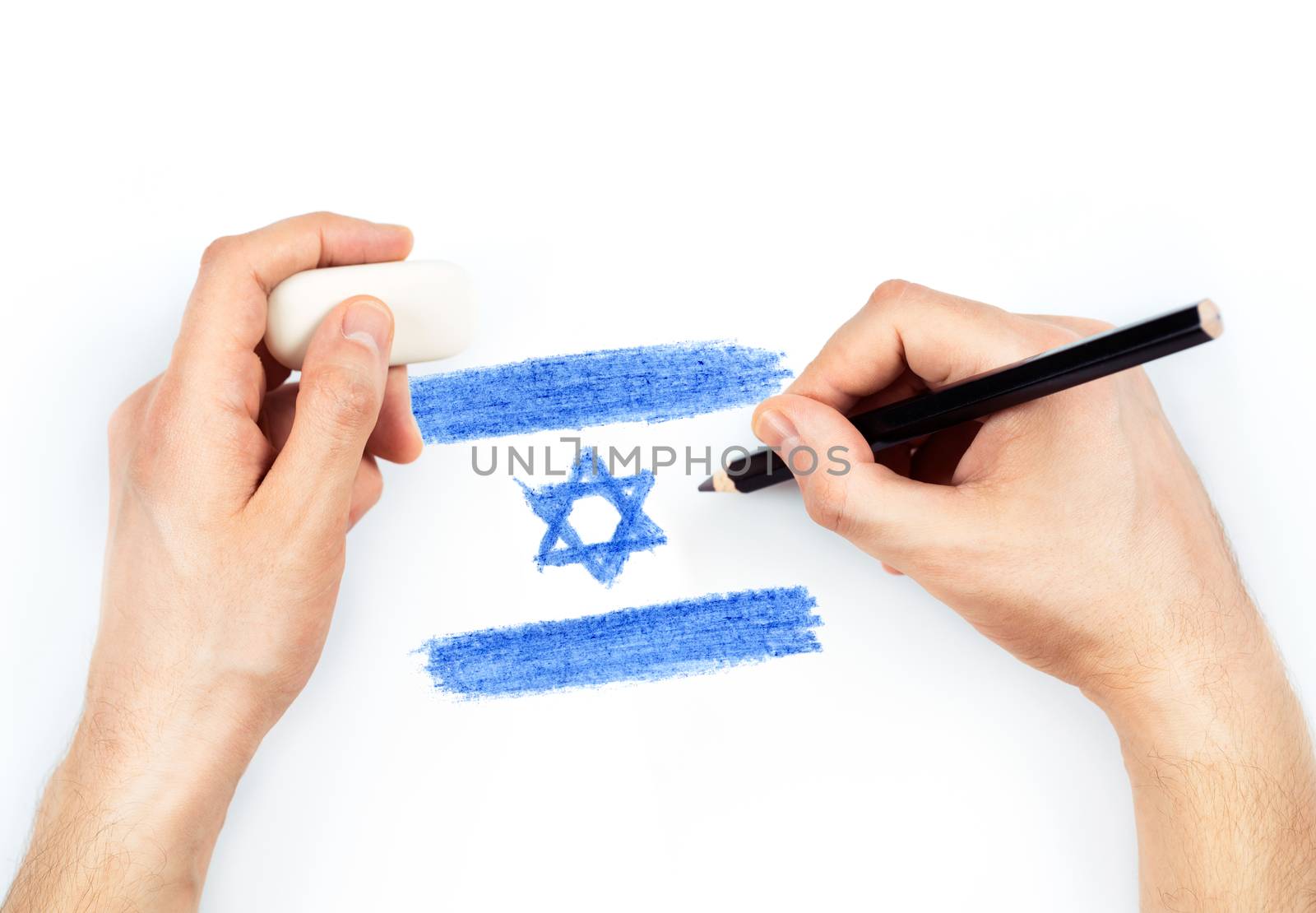 Man's hands with pencil draws flag of Israel on white by vlad_star