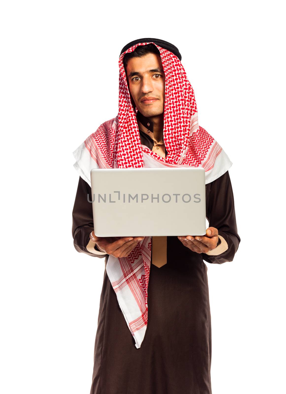 Young smiling arab with laptop isolated on white background