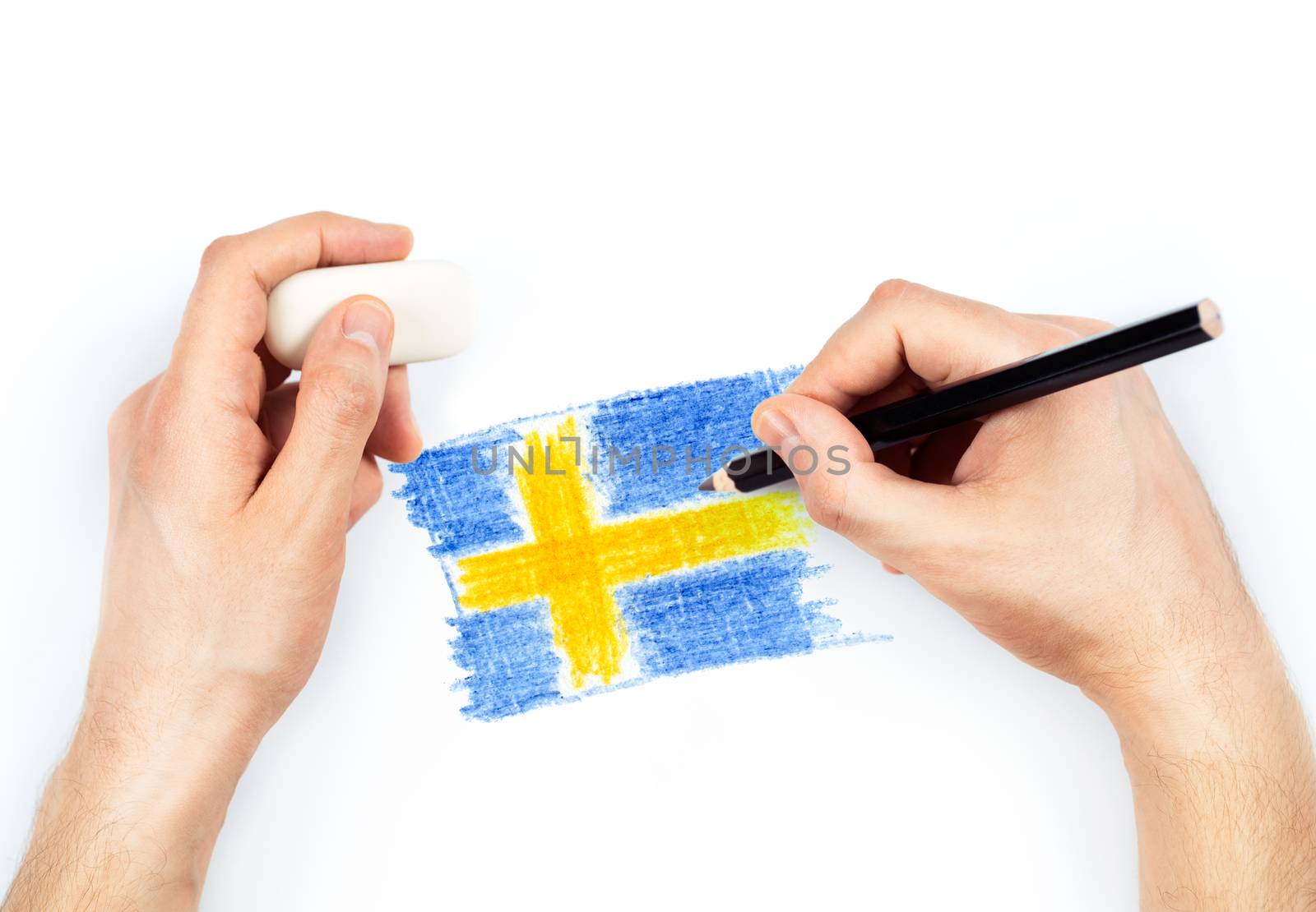 Man's hands with pencil draws flag of Sweden on white background