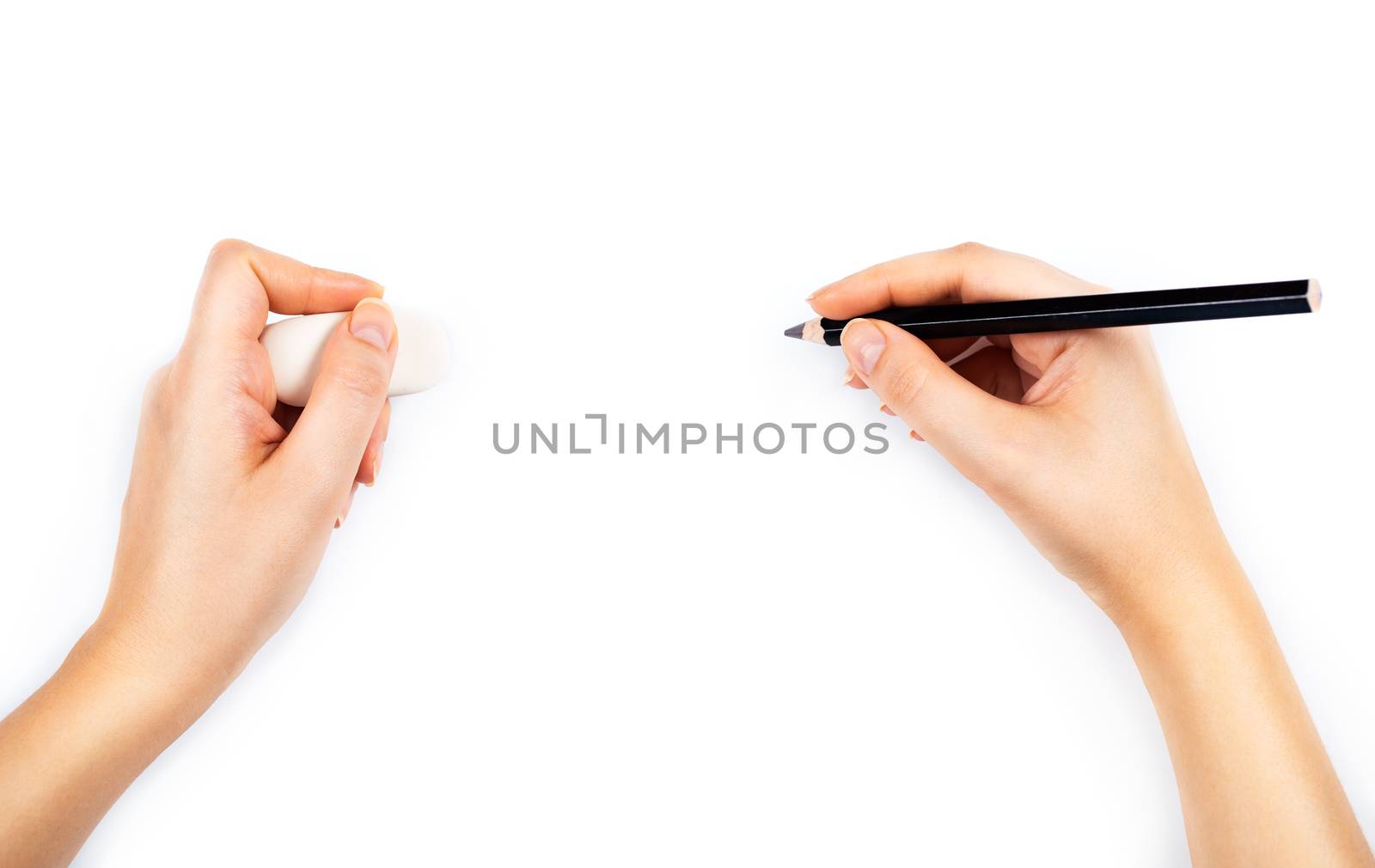 Human hands with pencil and erase rubber writting something. On white background
