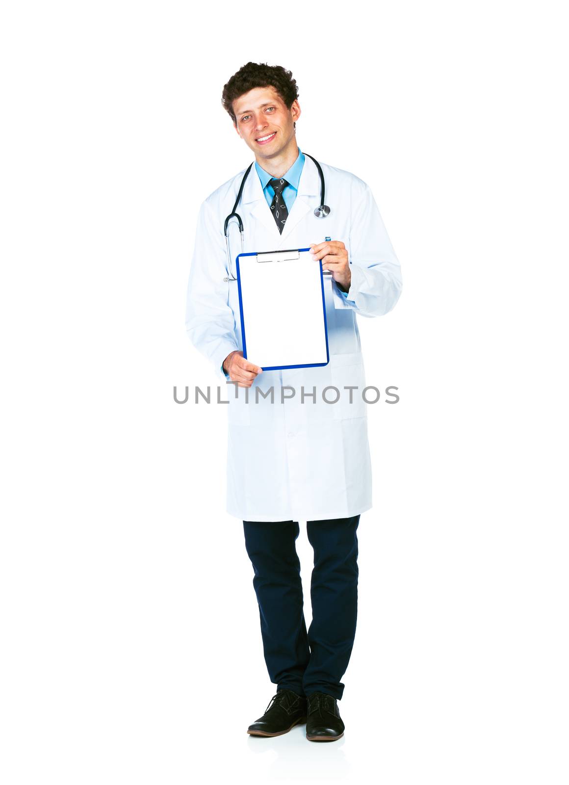 Full length young smiling male doctor showing clipboard with cop by vlad_star