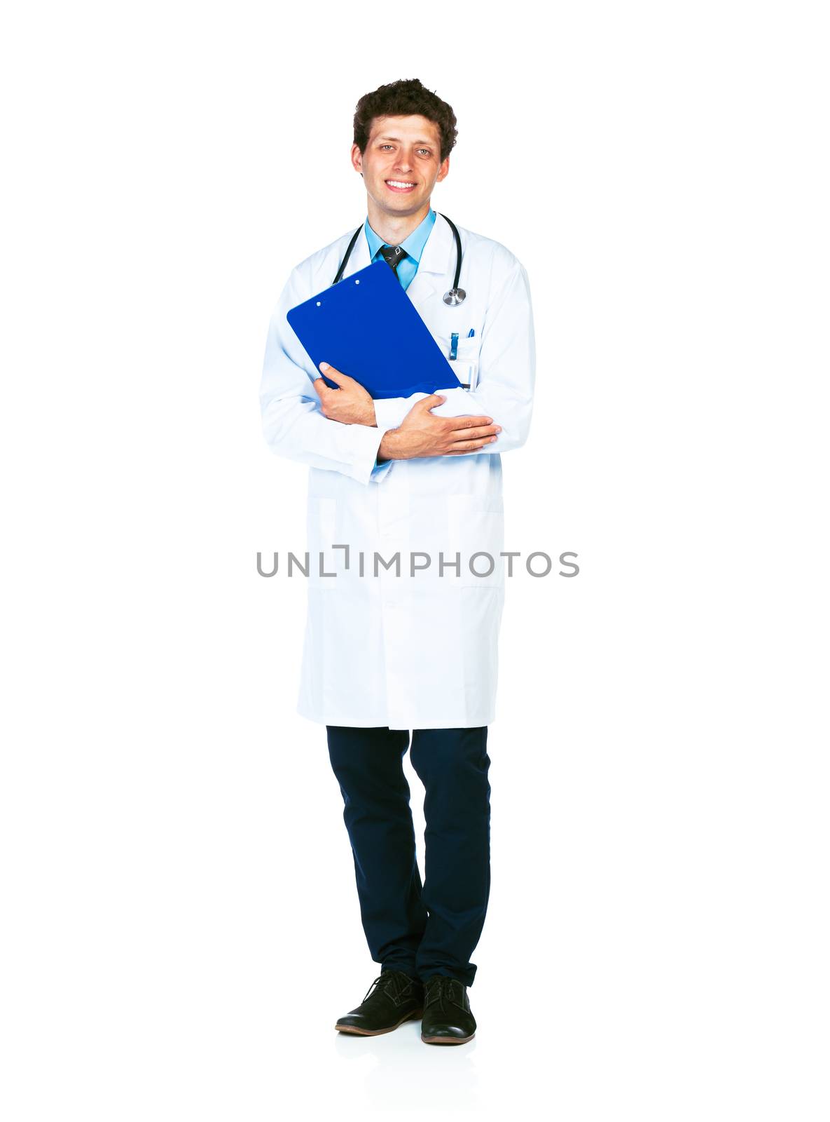 Full length portrait of a smiling male doctor holding a notepad on white background