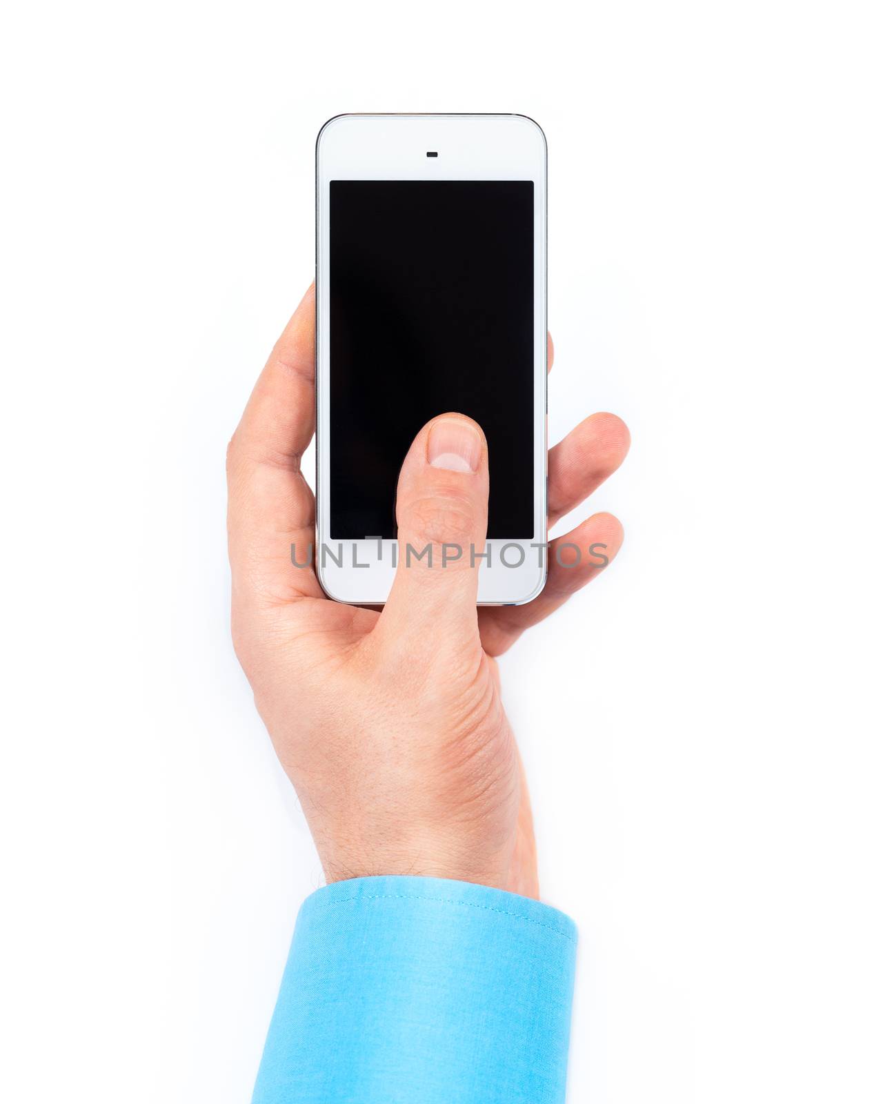 Businessman's hand using smartphone on white background