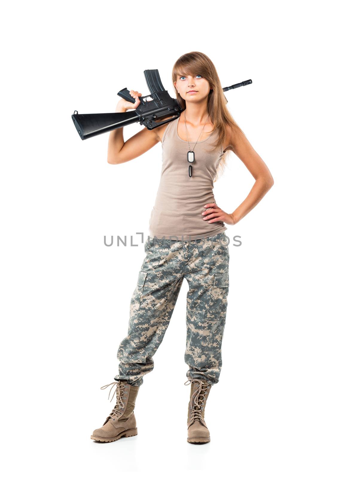Soldier young beautyful girl dressed in a camouflage with a gun  by vlad_star