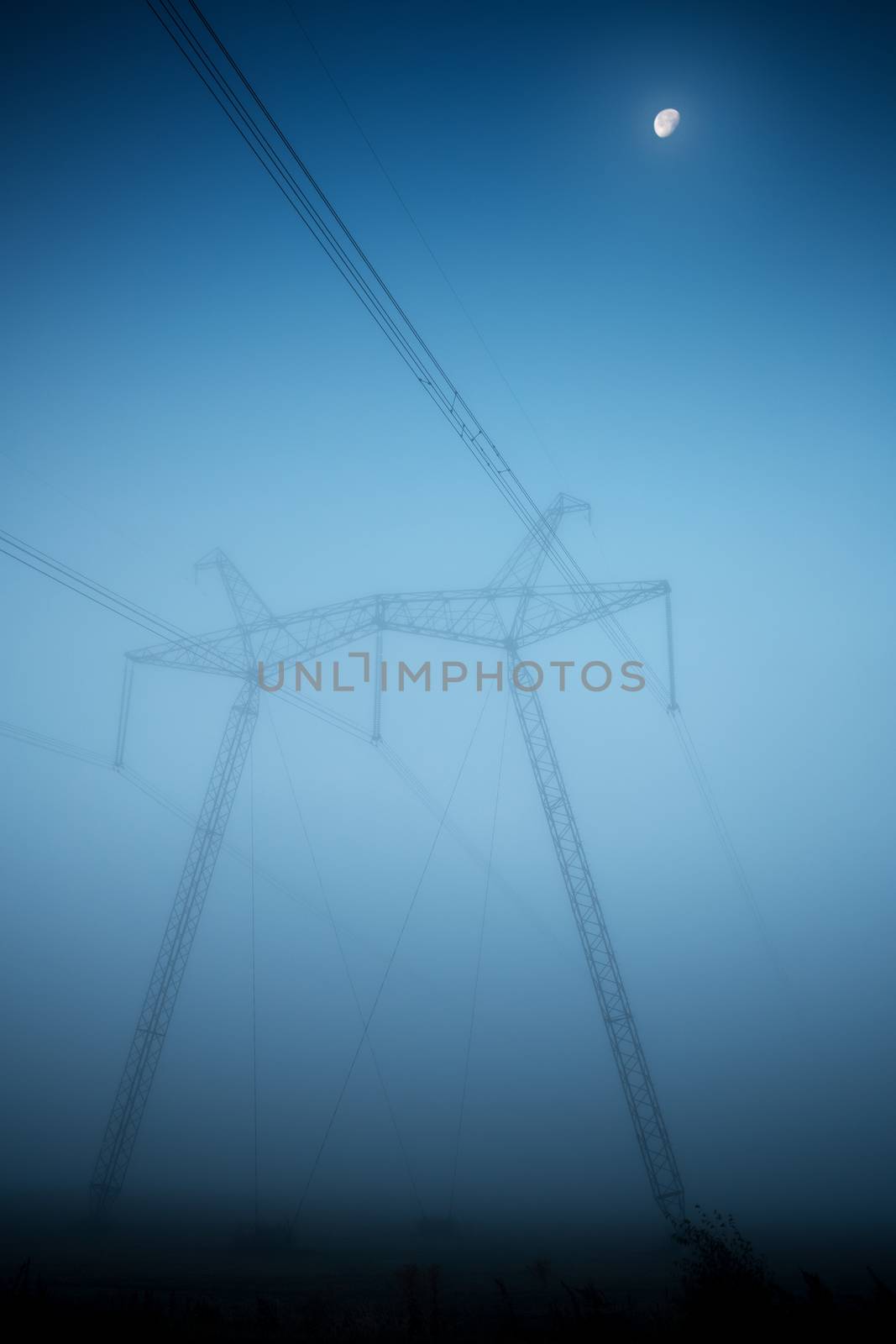 Power lines and pylons in fog in the early morning