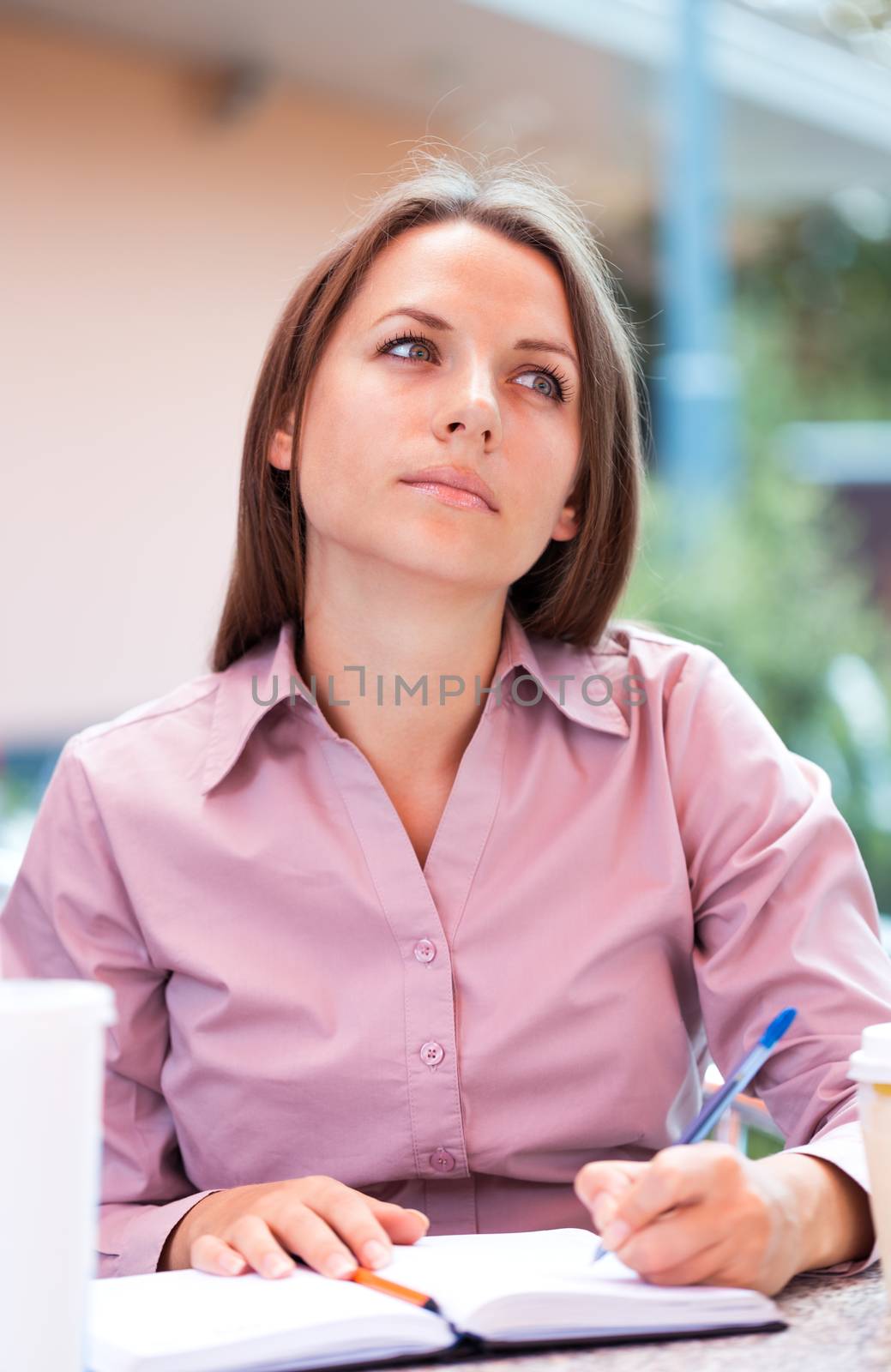 Businesswoman sitting in a cafe and writing in notepad by vlad_star