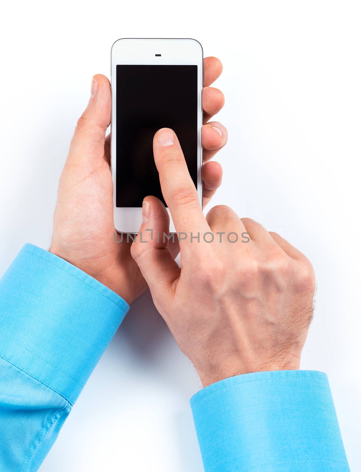 Businessman's hands using smartphone on white background