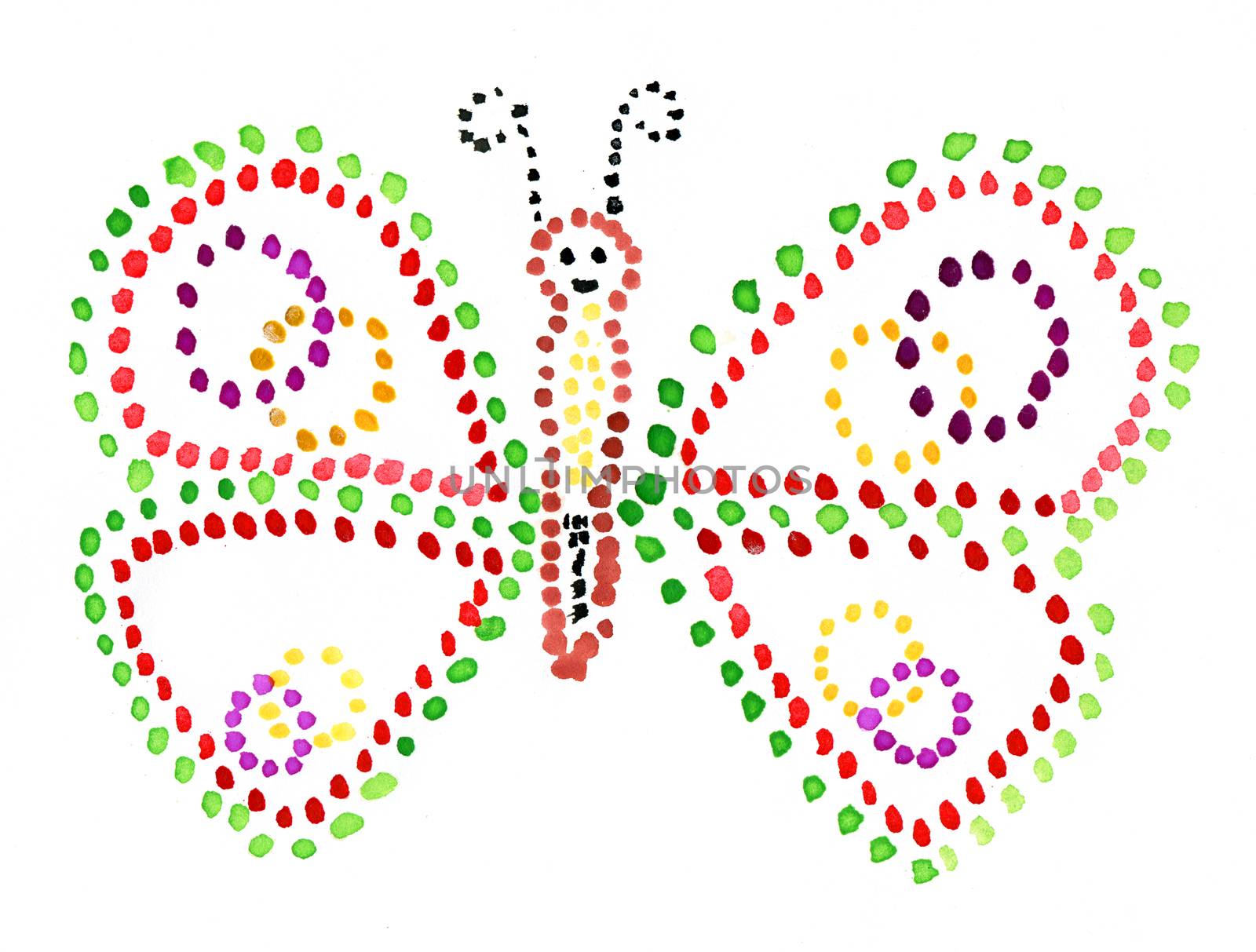 Butterfly with colourful wings drawing by the child on a paper