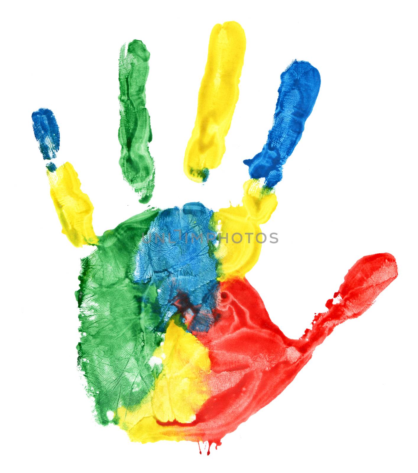 Close up of colored hand print on white background