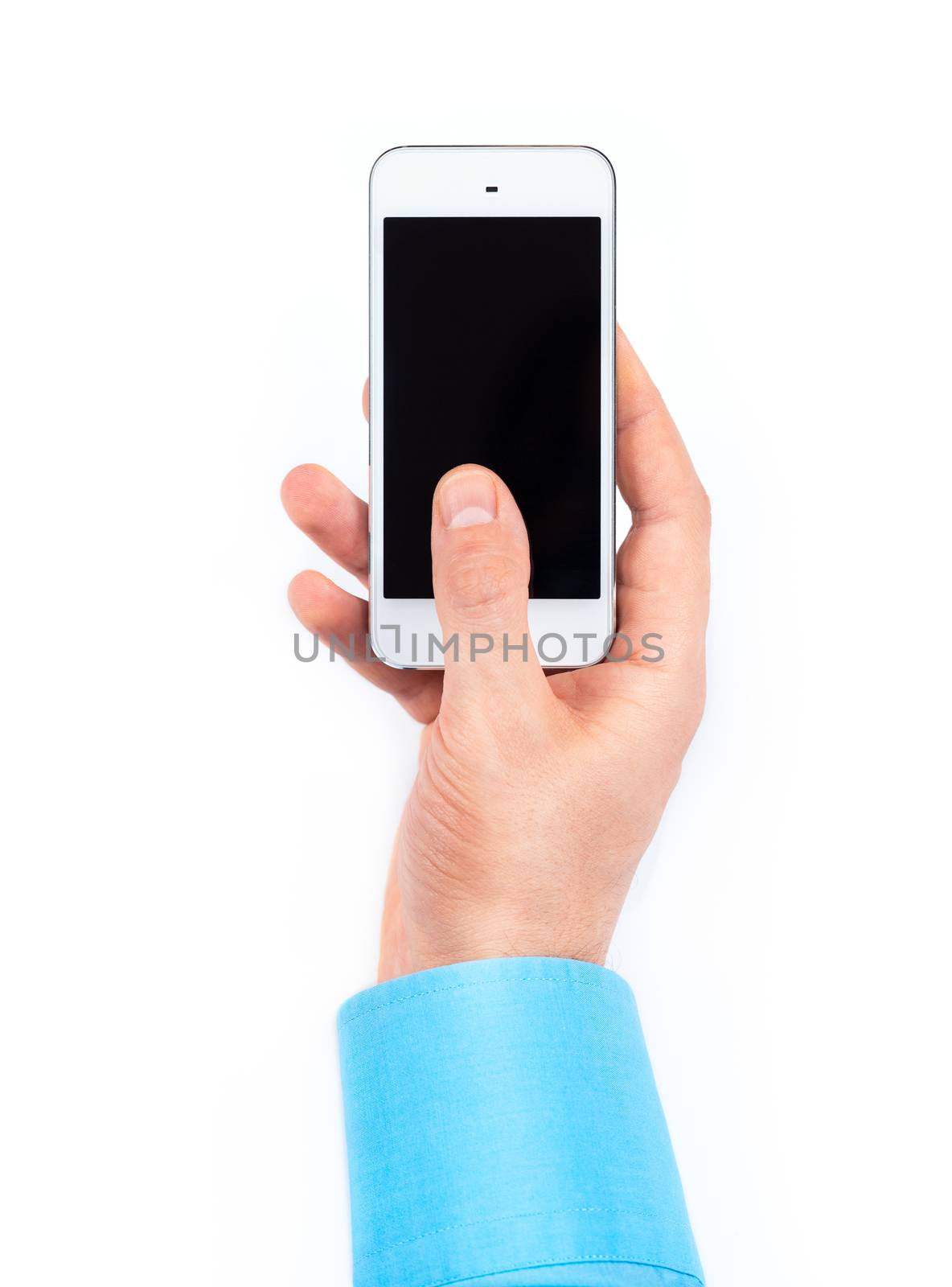 Businessman's hand using smartphone on white by vlad_star