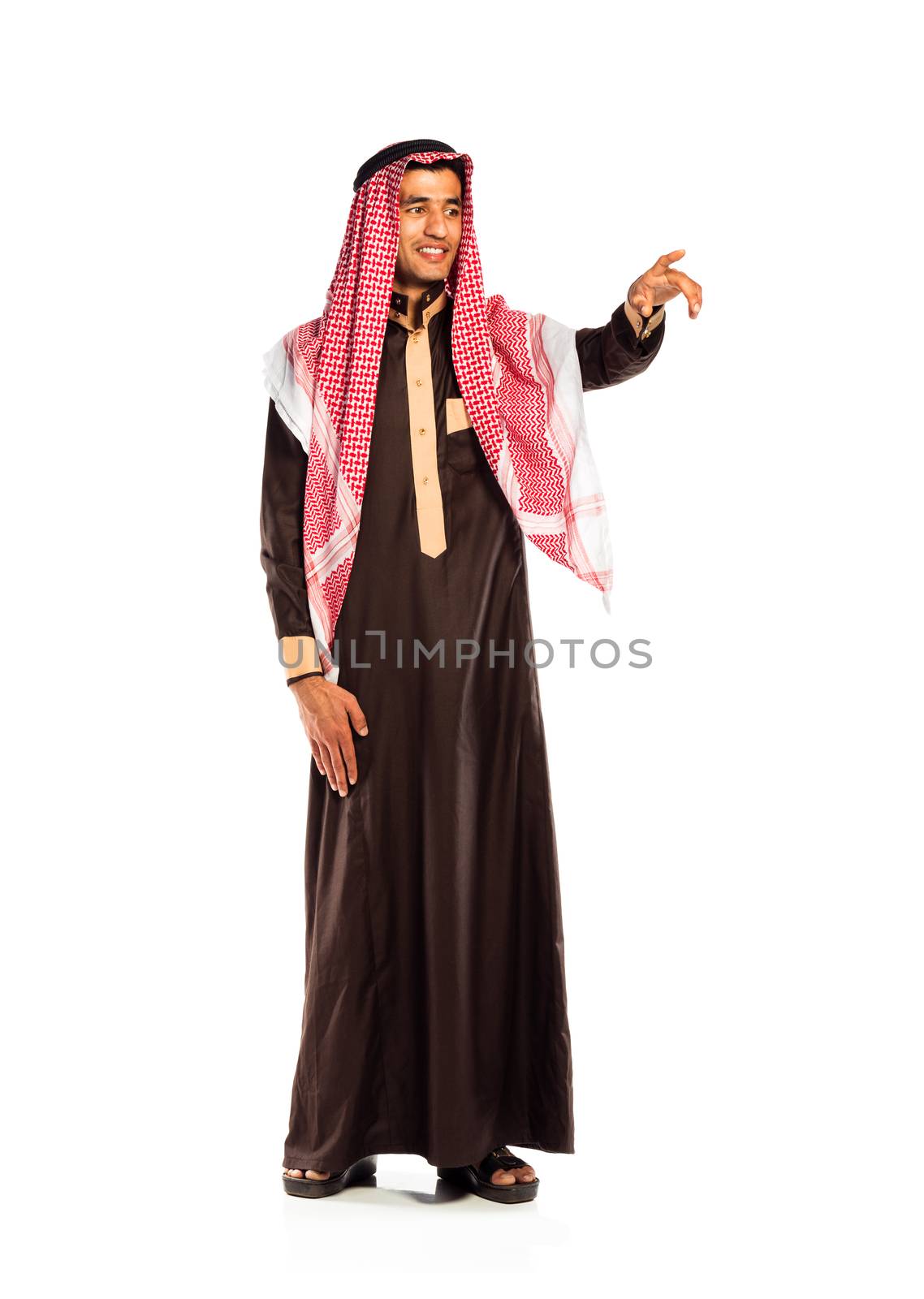 Arab man pressing virtual button on white background