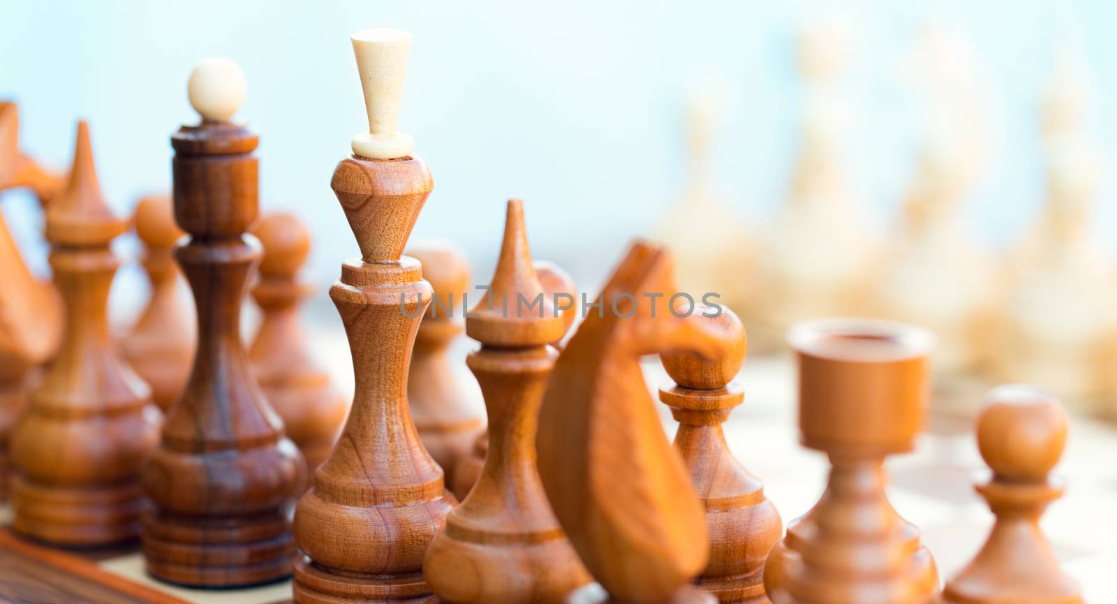 Chess pieces on the board. Focus on King