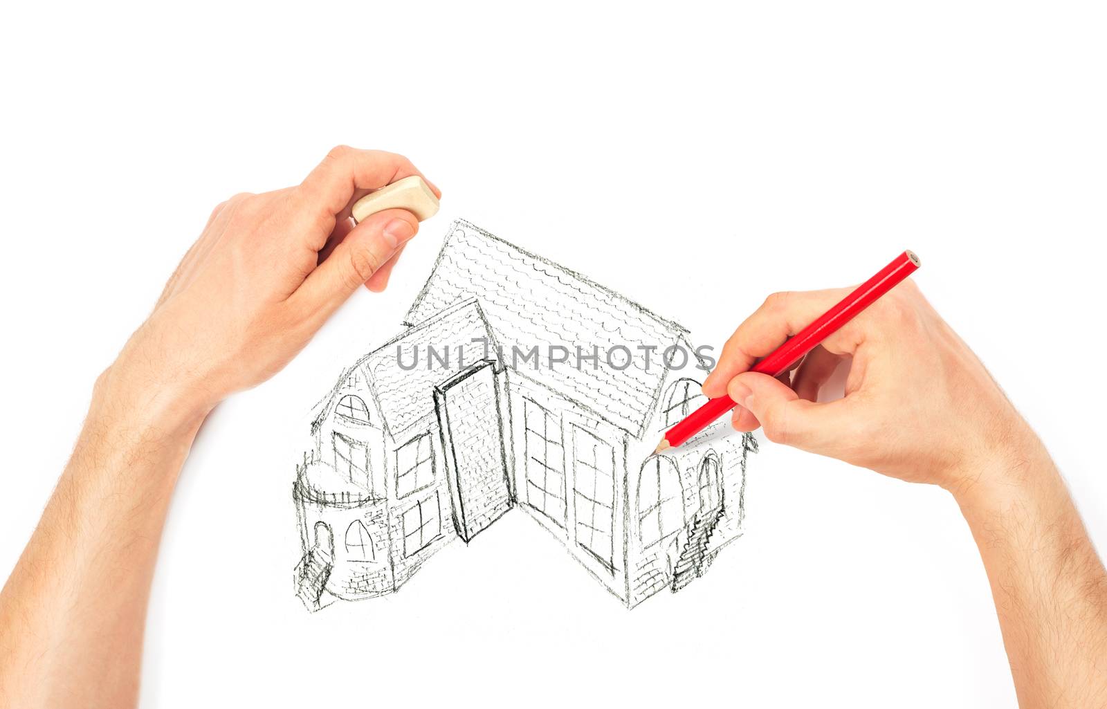 Hands drawing big house on a white background