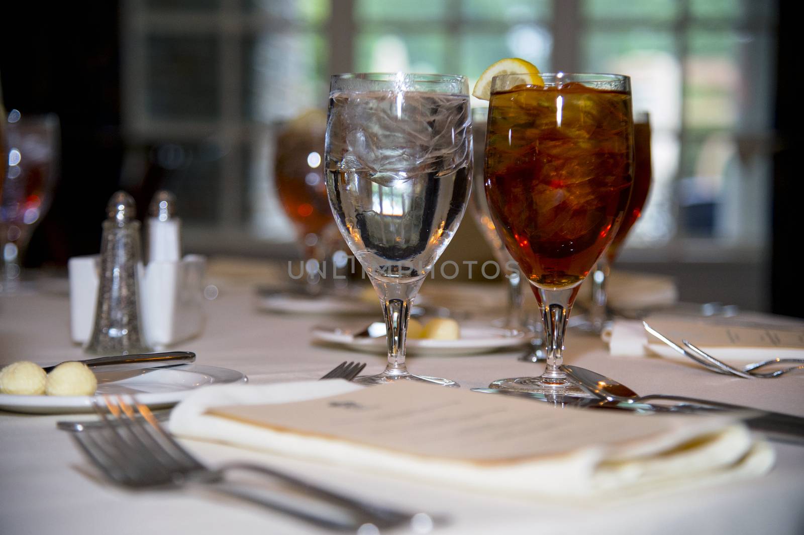 Empty indoor restaurant table at sunset