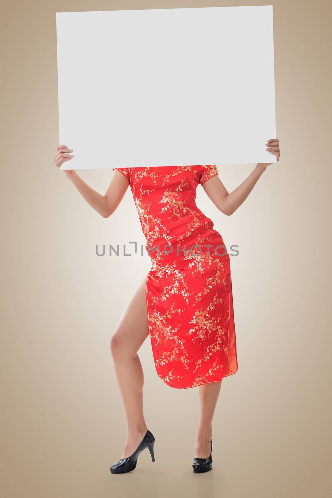 Chinese woman hold blank board by elwynn