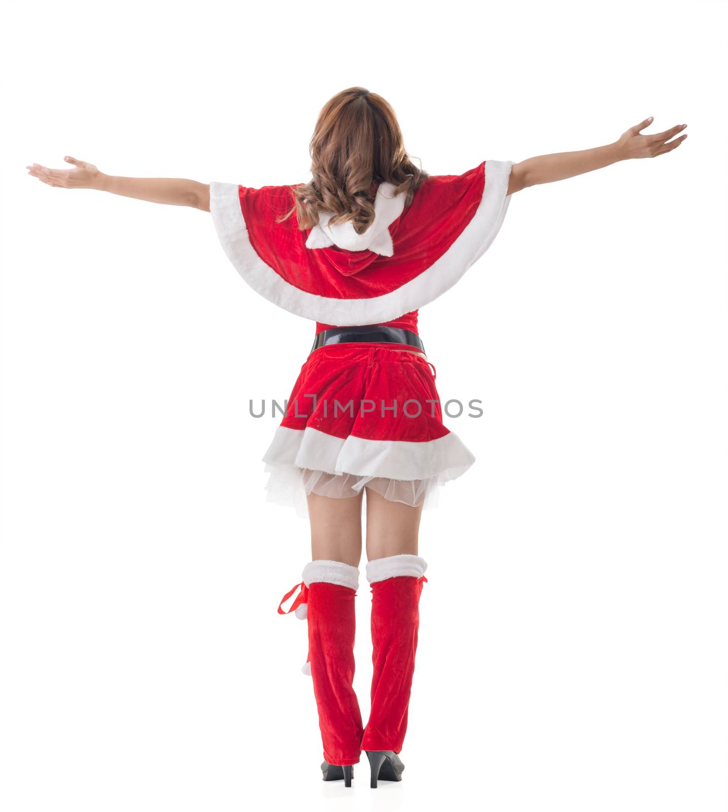 Christmas woman relax, rear view, isolated.