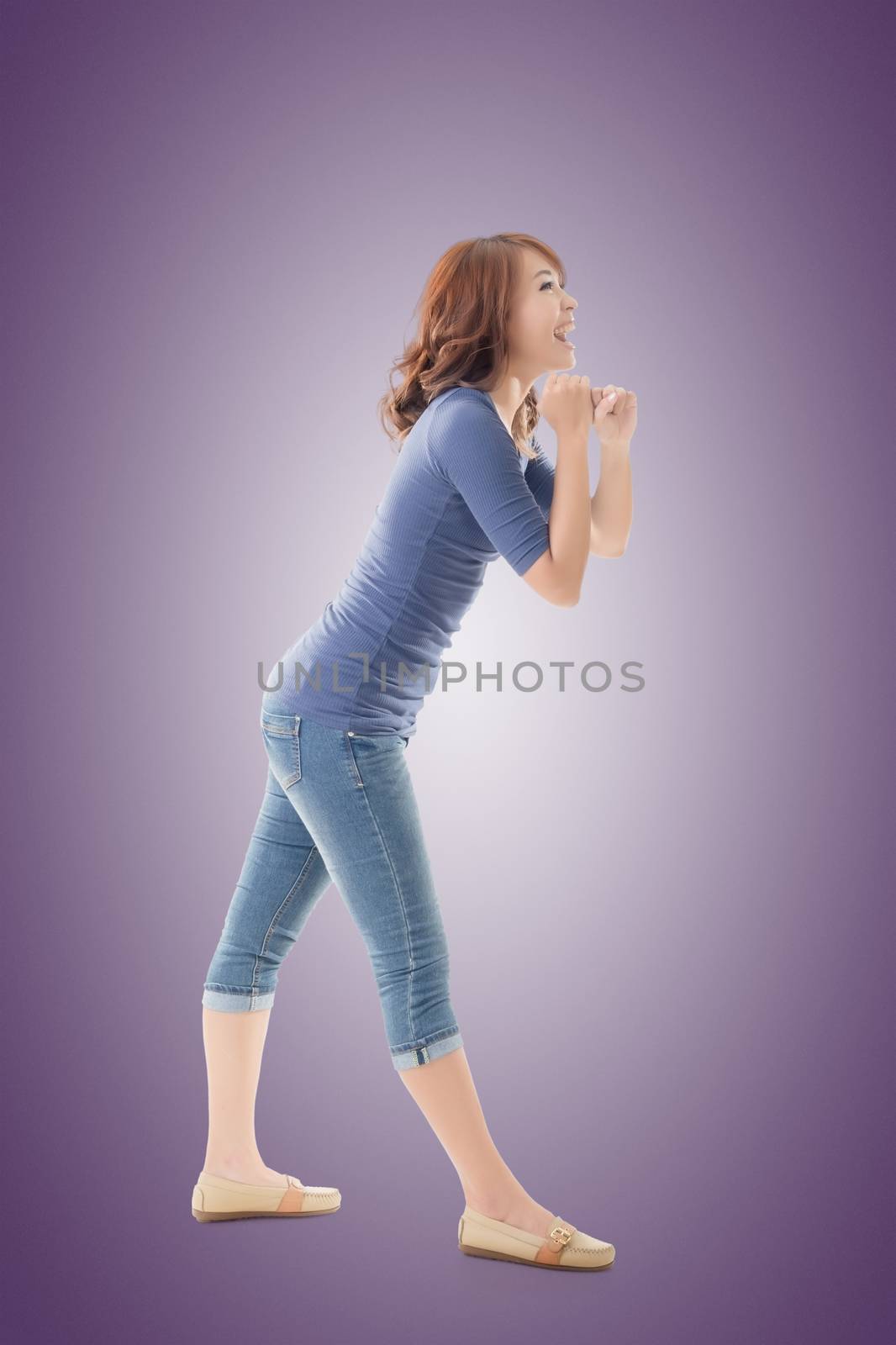 Pull pose, full length portrait of Asian isolated.