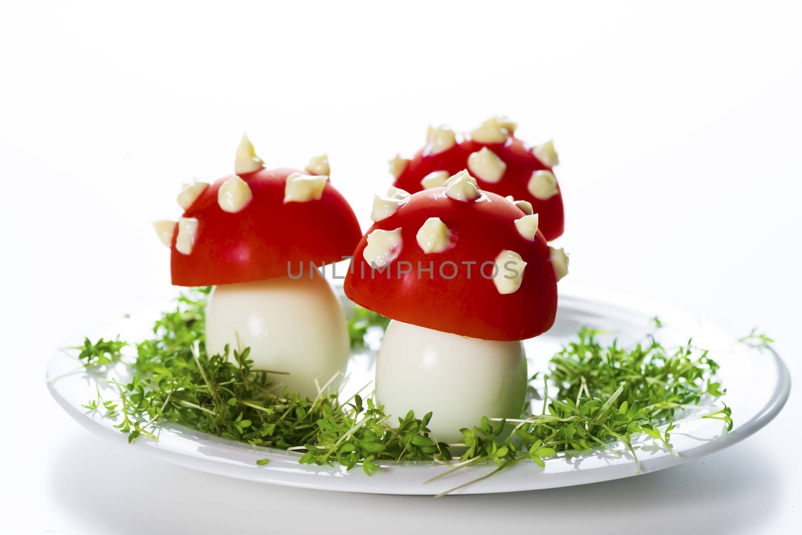 fly mushrooms made from boiled egg ,tomato and mayonnaise