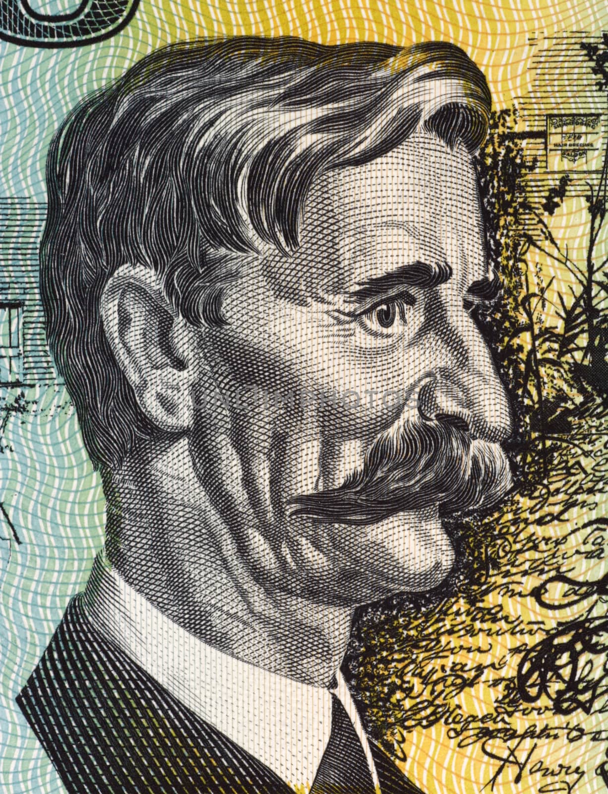 Henry Lawson (1867-1922) on 10 Dollars 1966 banknote from Australia. Australian writer and poet.