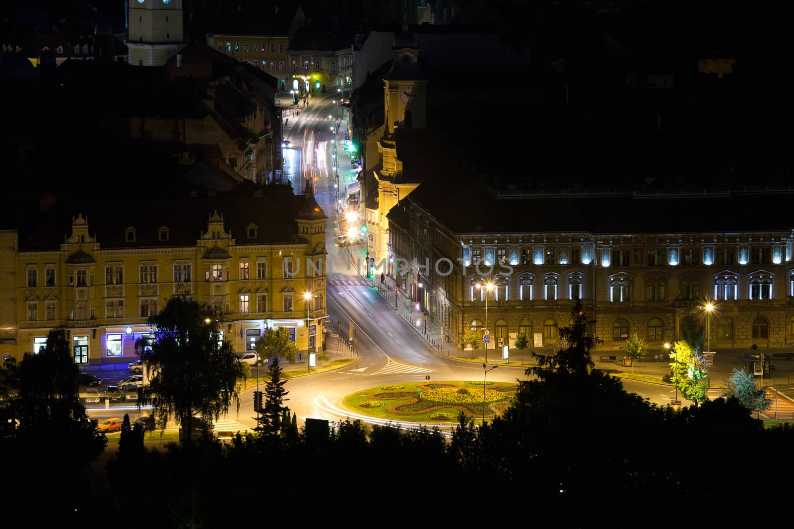 Brasov illuminated night view street, Romania
