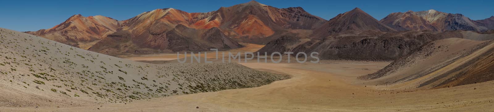 Colourful mountain landscape at Suriplaza in the Atacama Desert of north east Chile. The altitude is in excess of 4,000 metres.