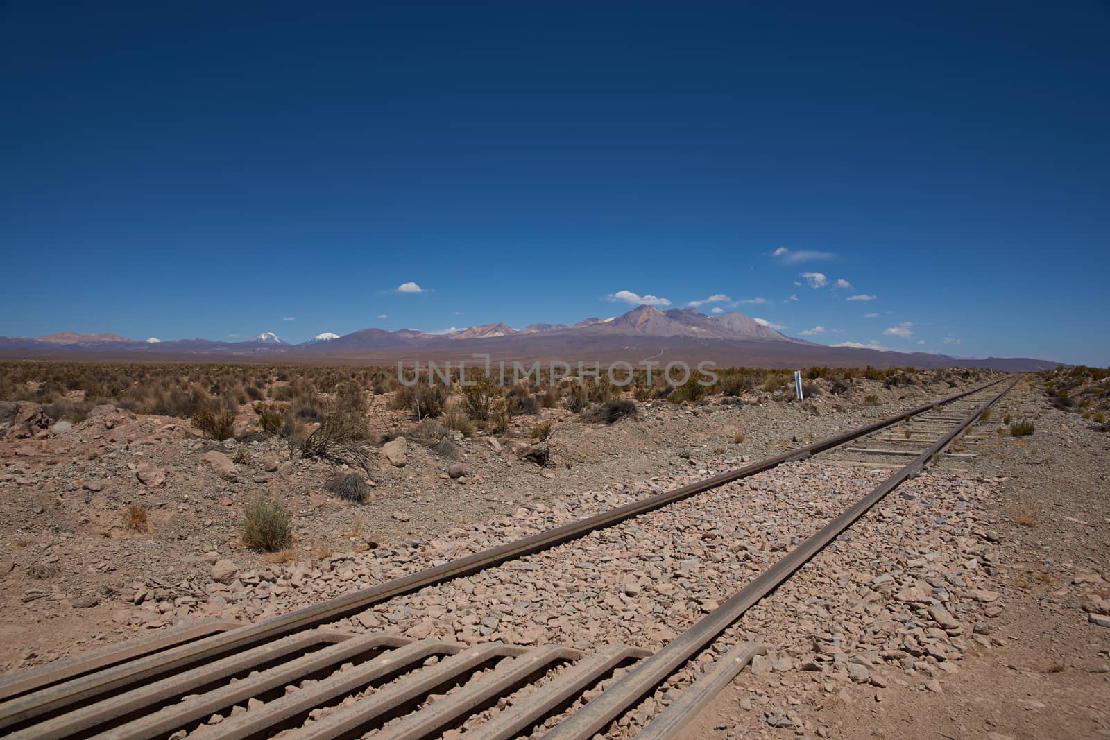 Railway line running across the high altitude Altiplano of northern Chile. The railway connects Bolivia with the Port of Arica on the Pacific Coast of Chile.