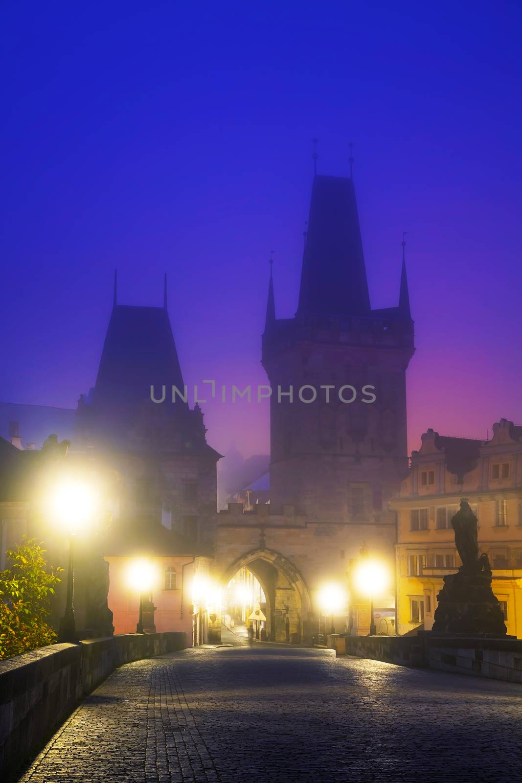 The Old Town as seen from Charles bridge in Prague in the morning