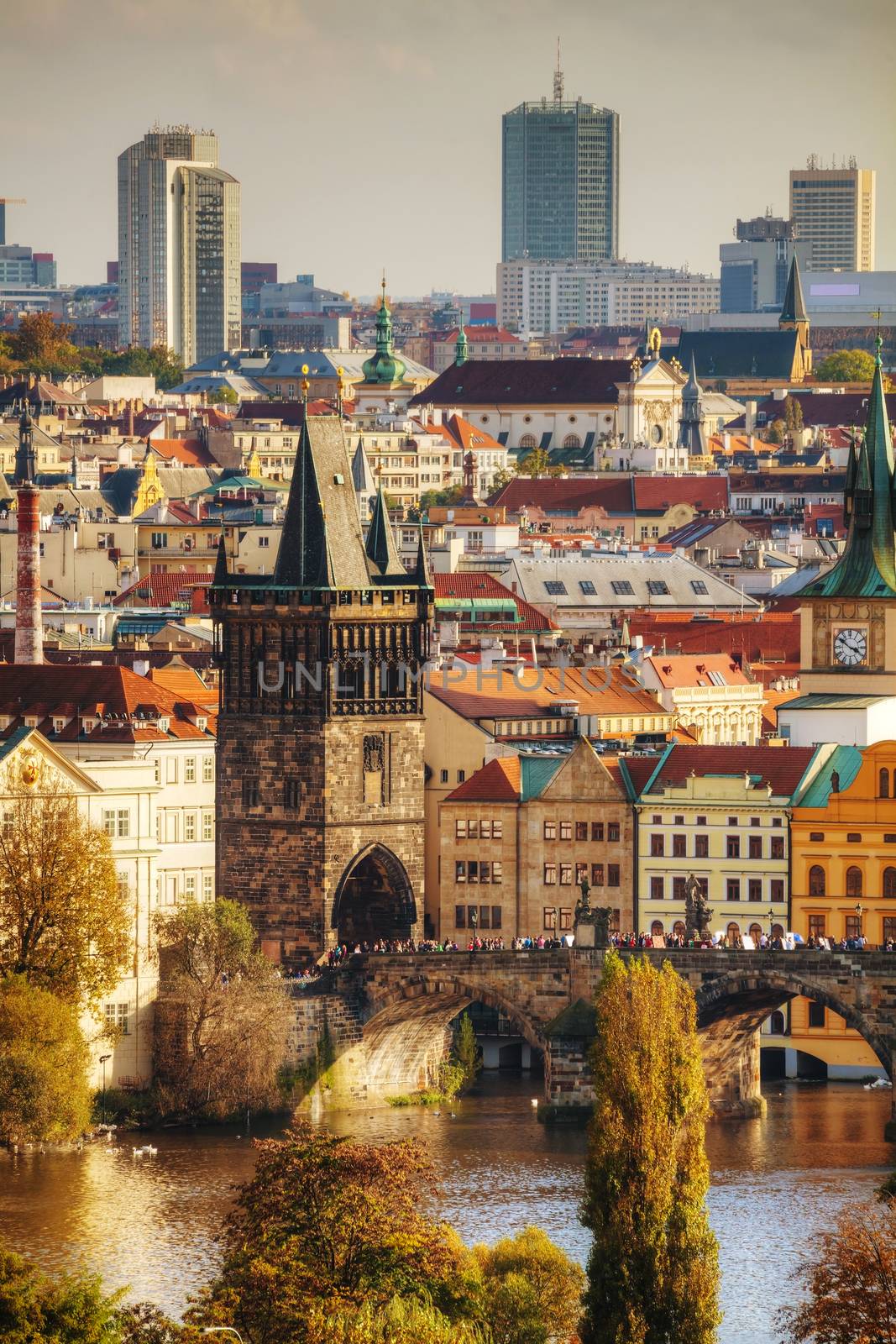 Overview of old Prague with Charles bridge before sunset