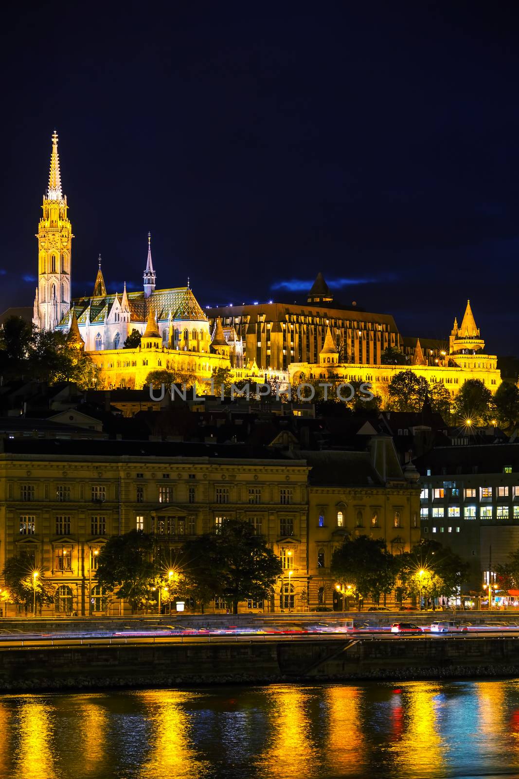 Old Budapest with St. Matthias church at night