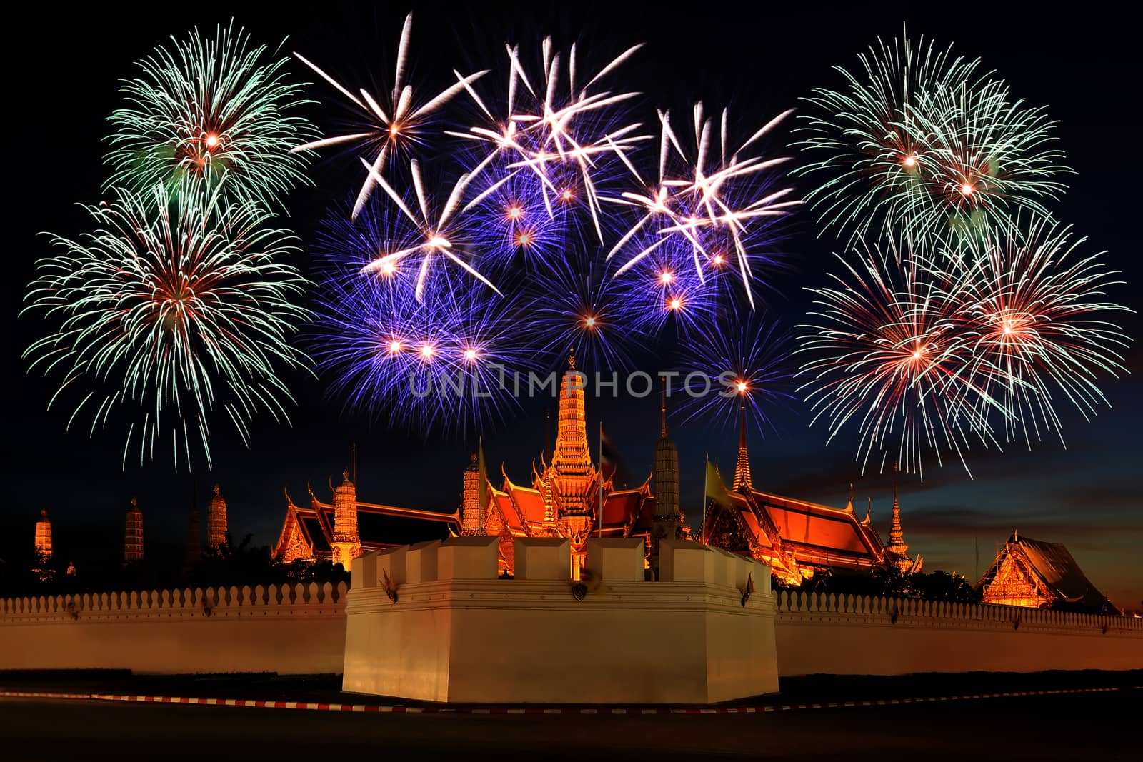 beautiful firework display above the temple 