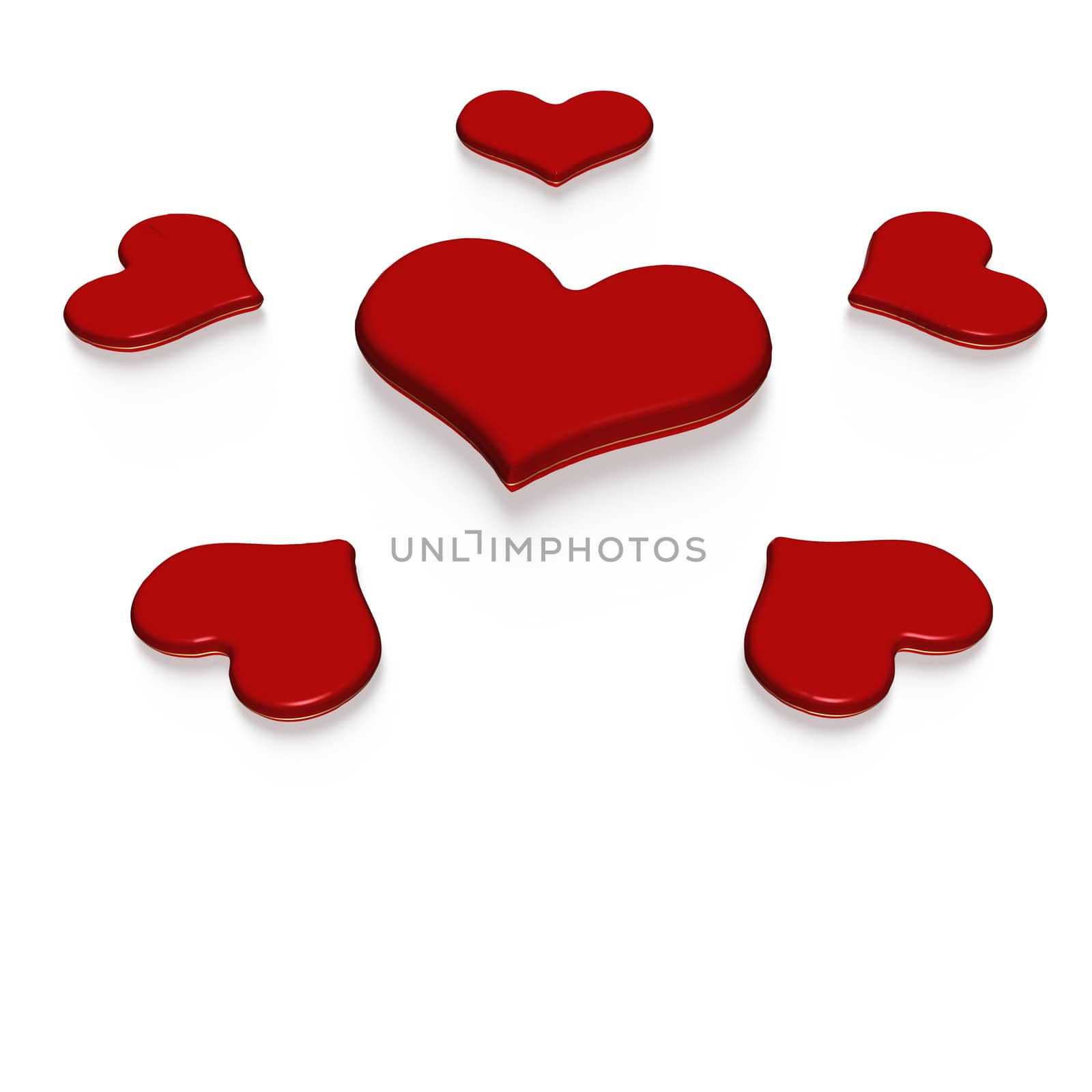 Red Valentine hearts isolated on white. Three dimensional render.
