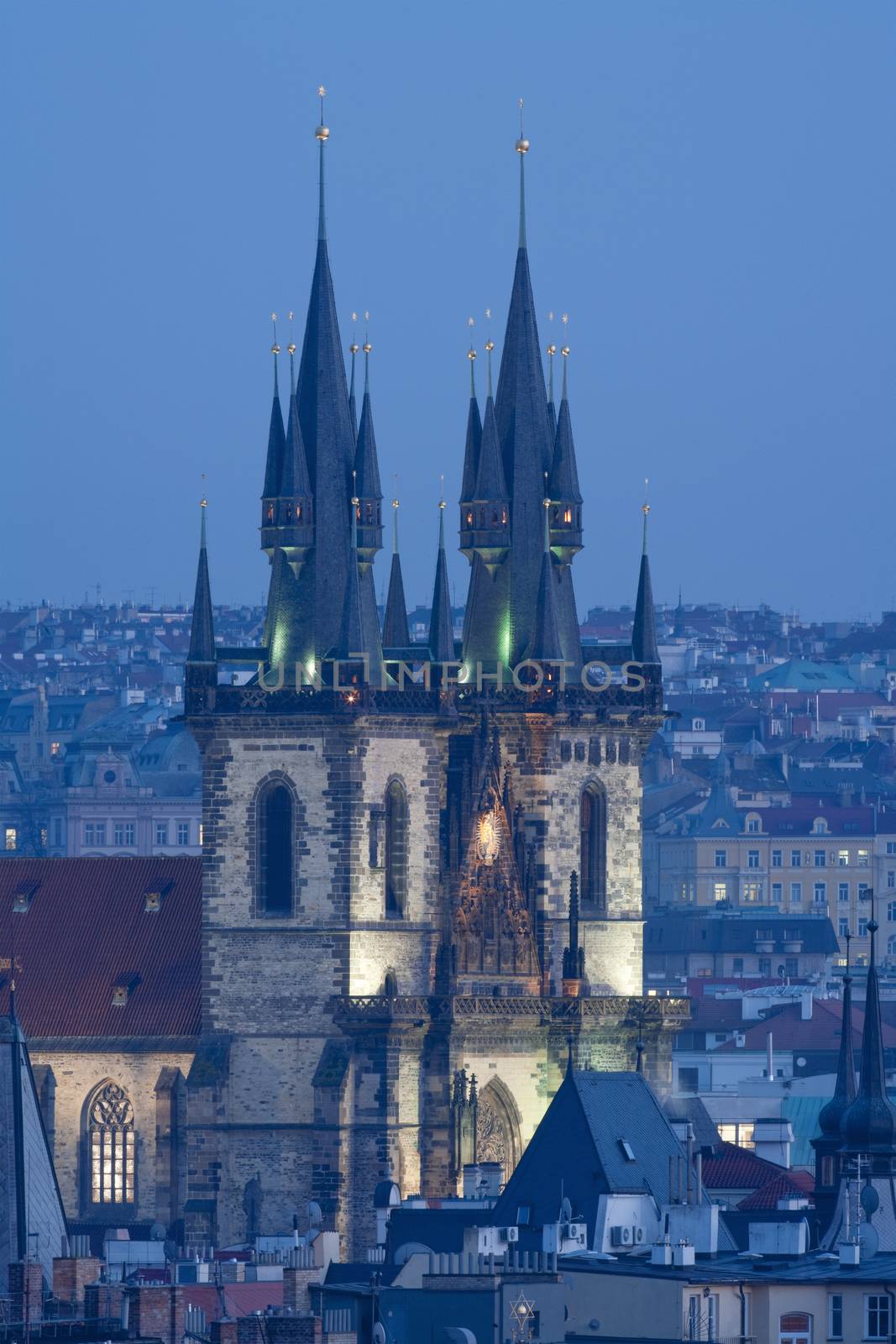 czech republic, prague - towers of tyn church at dusk