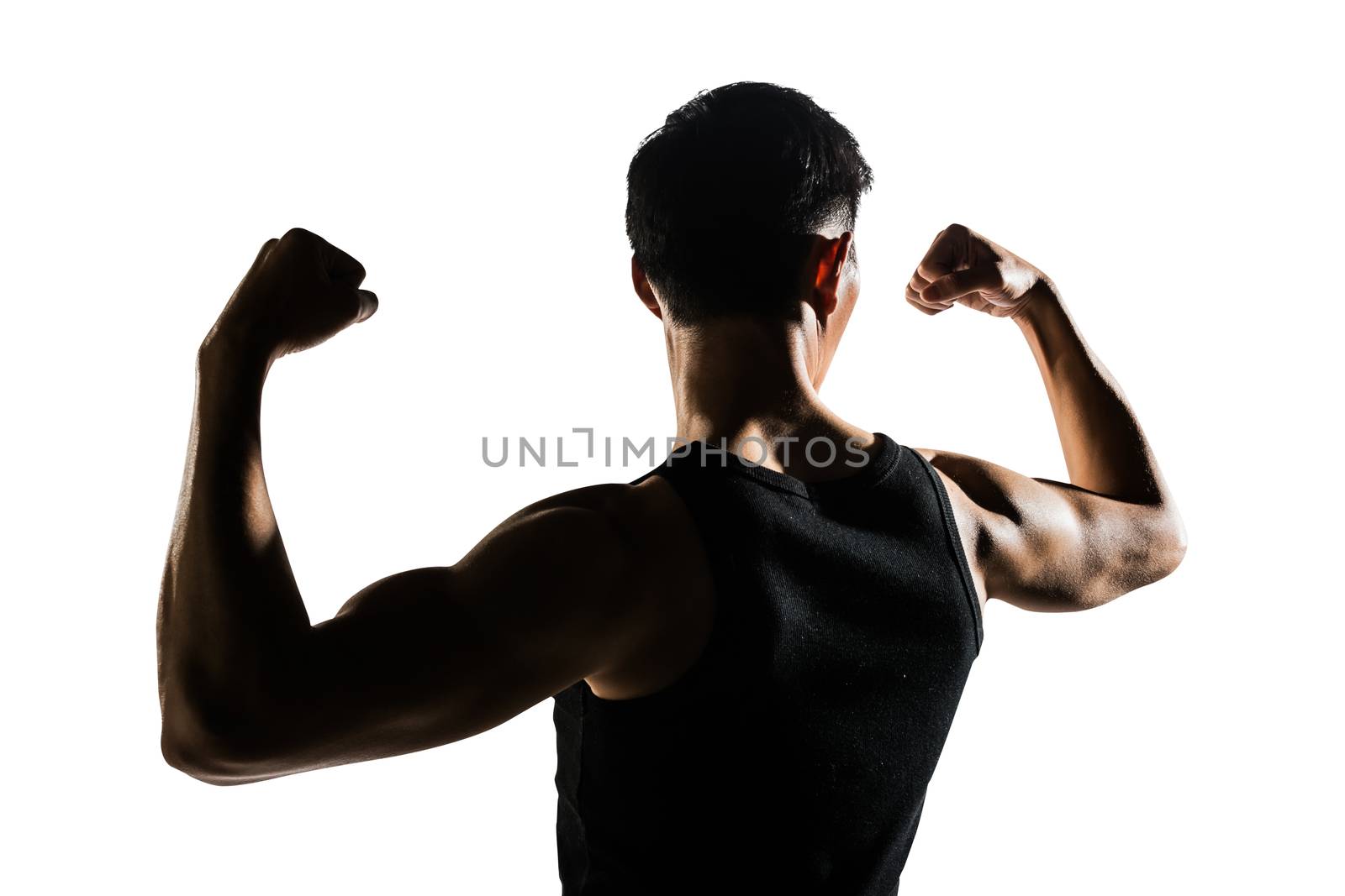 Rear view of healthy muscular young man with his arms stretched out isolated on white background.