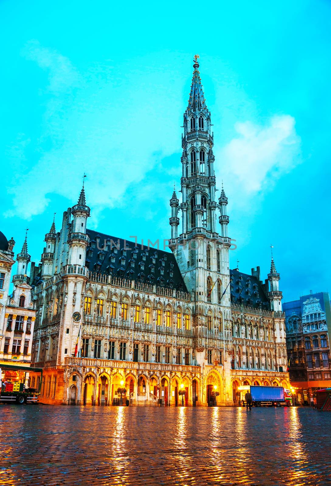 Grand Place with City Hall in Brussels at sunrise