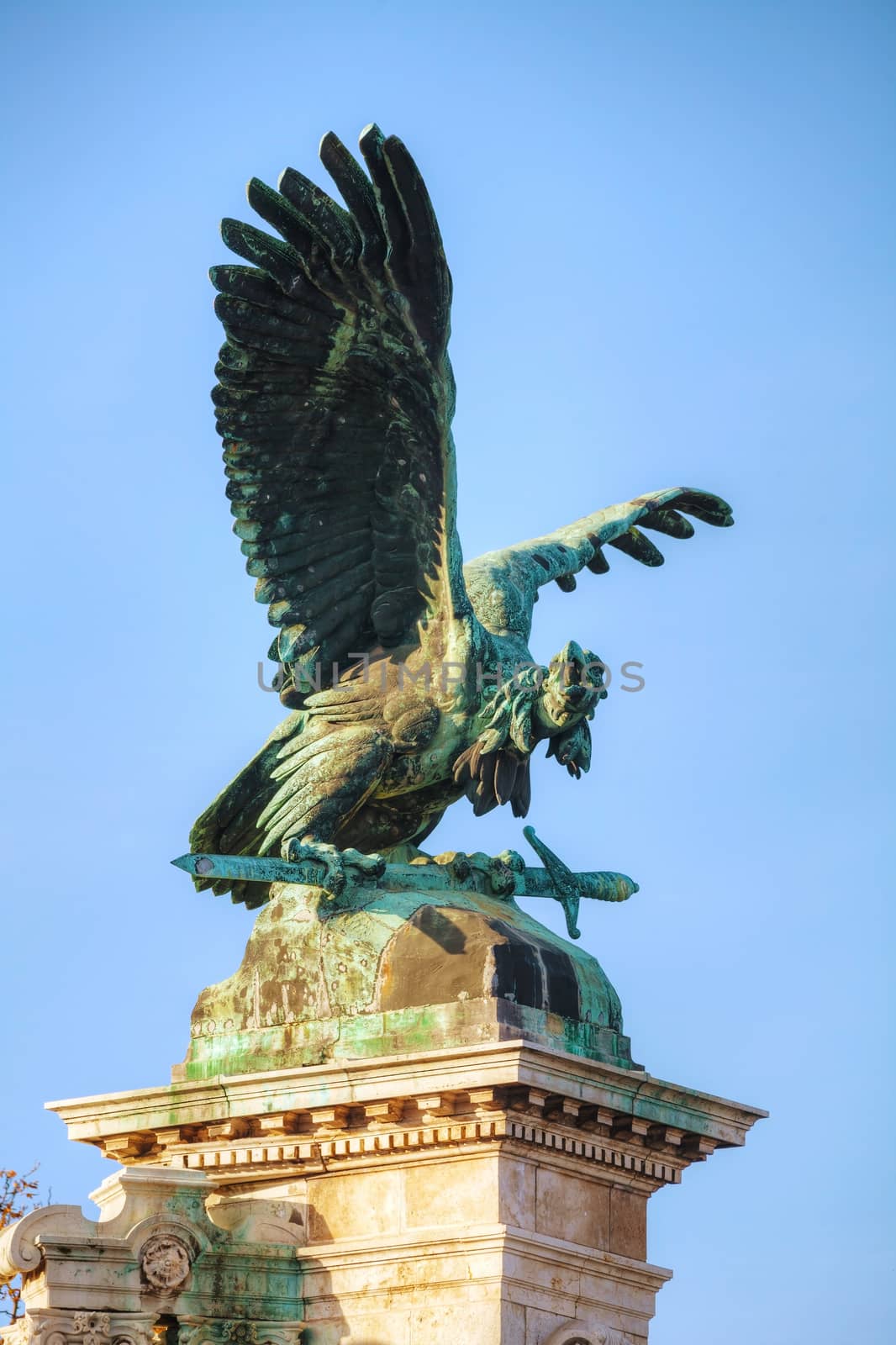 BUDAPEST - OCTOBER 21: Statue of Turulbird at the Royal castle on October 21, 2014 in Budapest, Hungary. The Turul is the most important bird in the origin myth of the Magyars (Hungarian people).